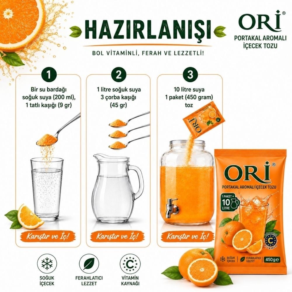 ORİ Portakal Aromalı Soğuk Şerbetlik İçecek Tozu 450 Gr