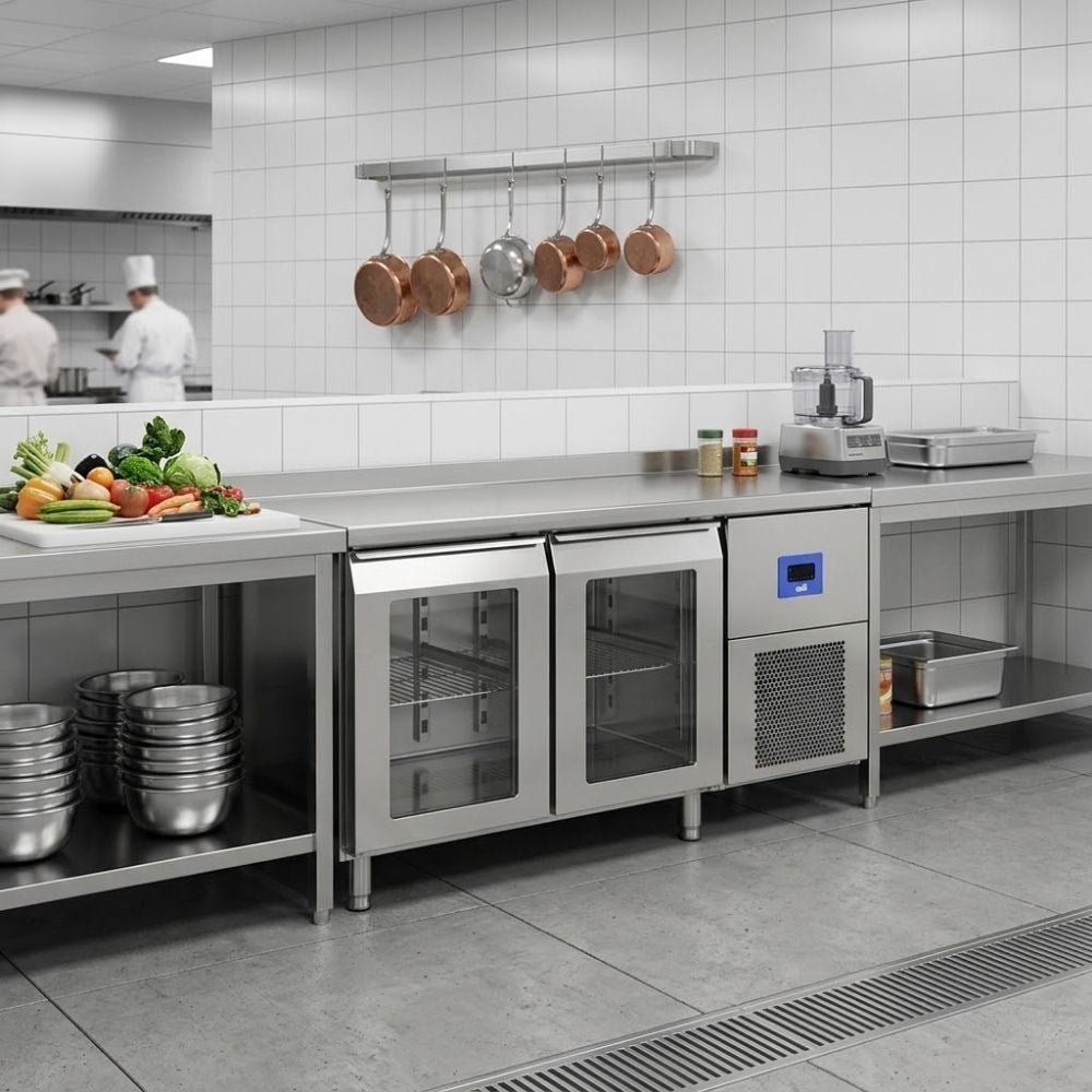 Öztiryakiler TA 260 NMV 2 Cam Kapılı Tezgah Tip Buzdolabı 252 Litre 304 Çelik