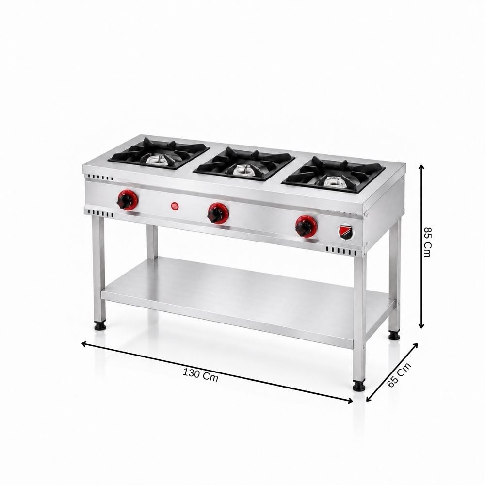 Silverinox Doğalgazlı Taban Raflı 3 Gözlü Ocak