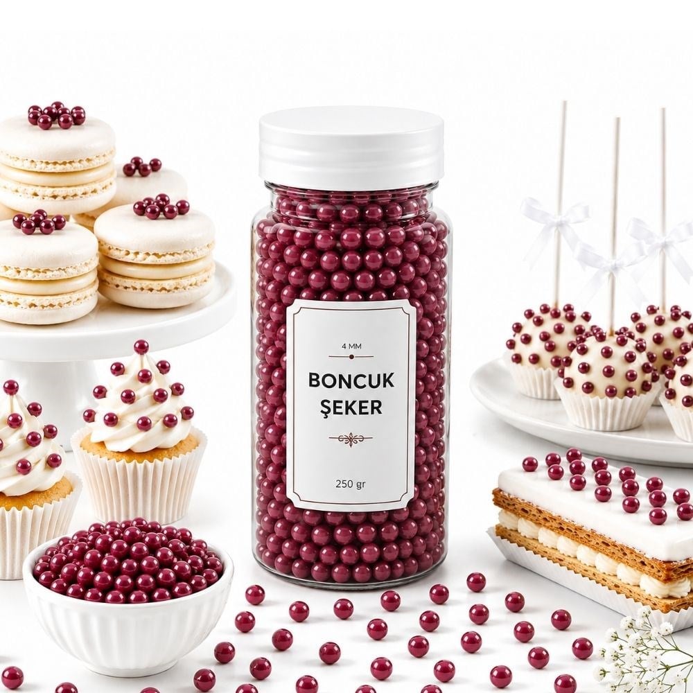 Dr Gusto 4MM bordo boncuk şeker 250 gr pasta süsleme draje şekeri