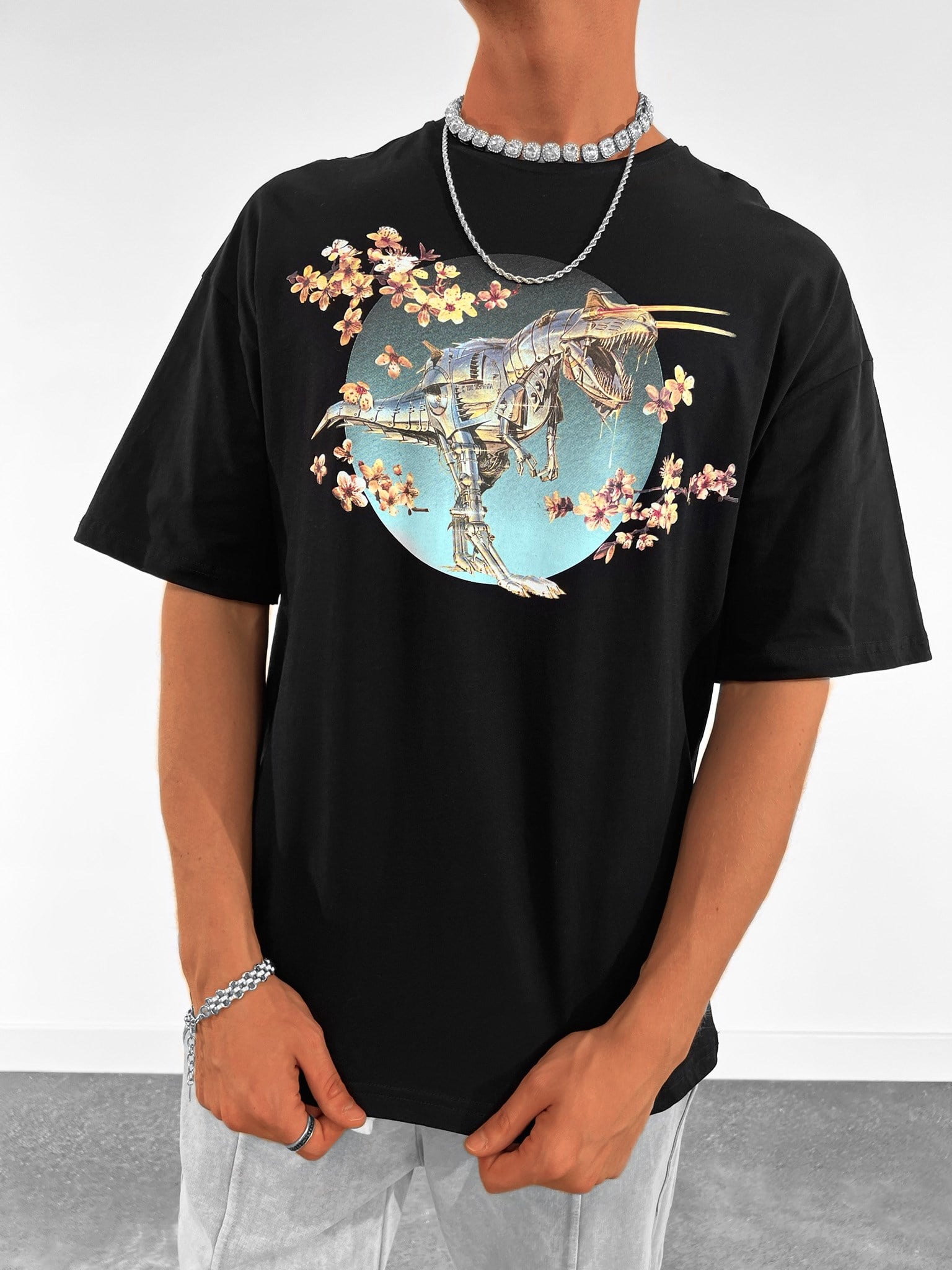 Erkek Baskılı Oversize T-Shirt Siyah
