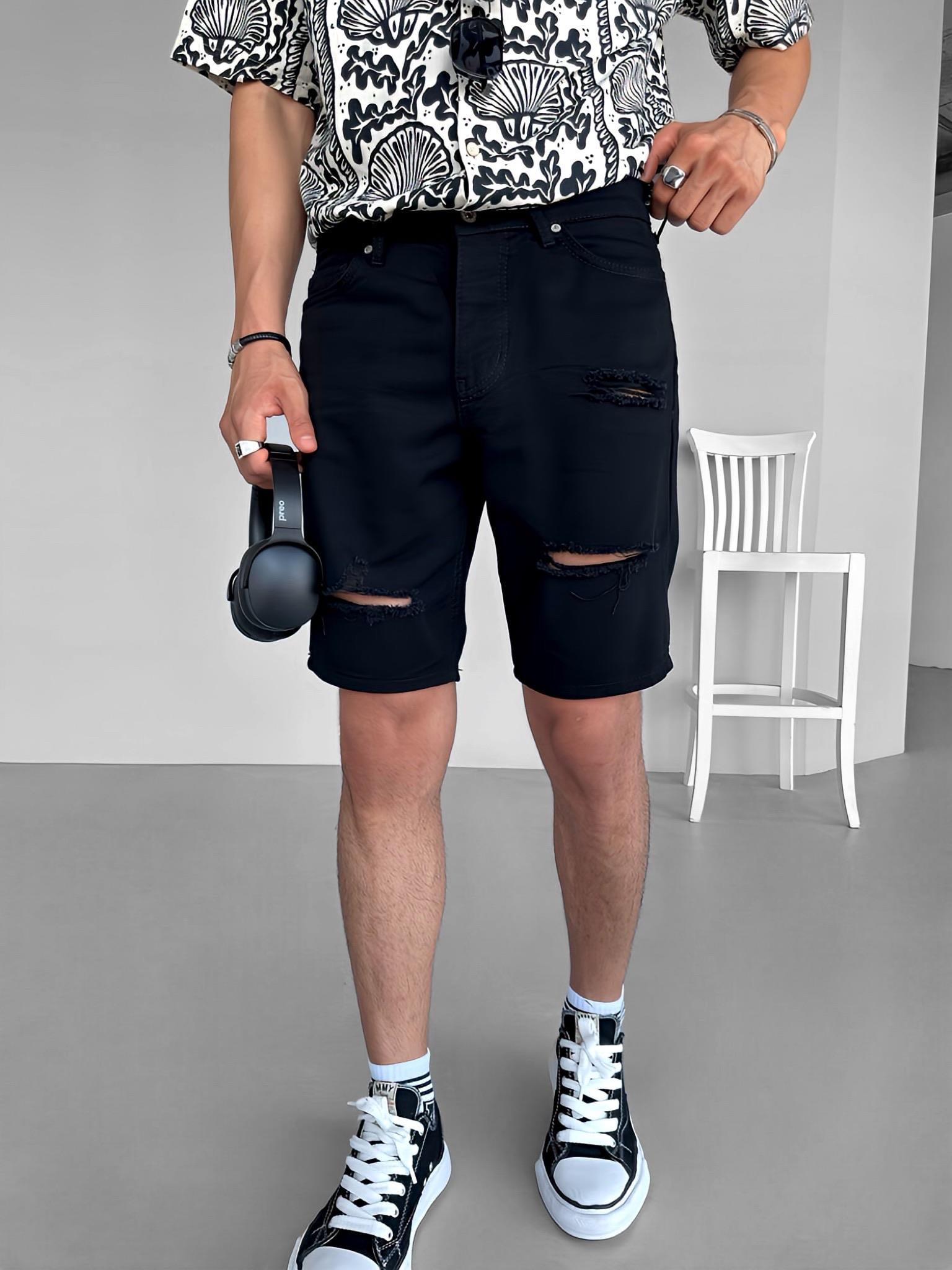 Erkek Baggy Distressed Jean Şort Siyah