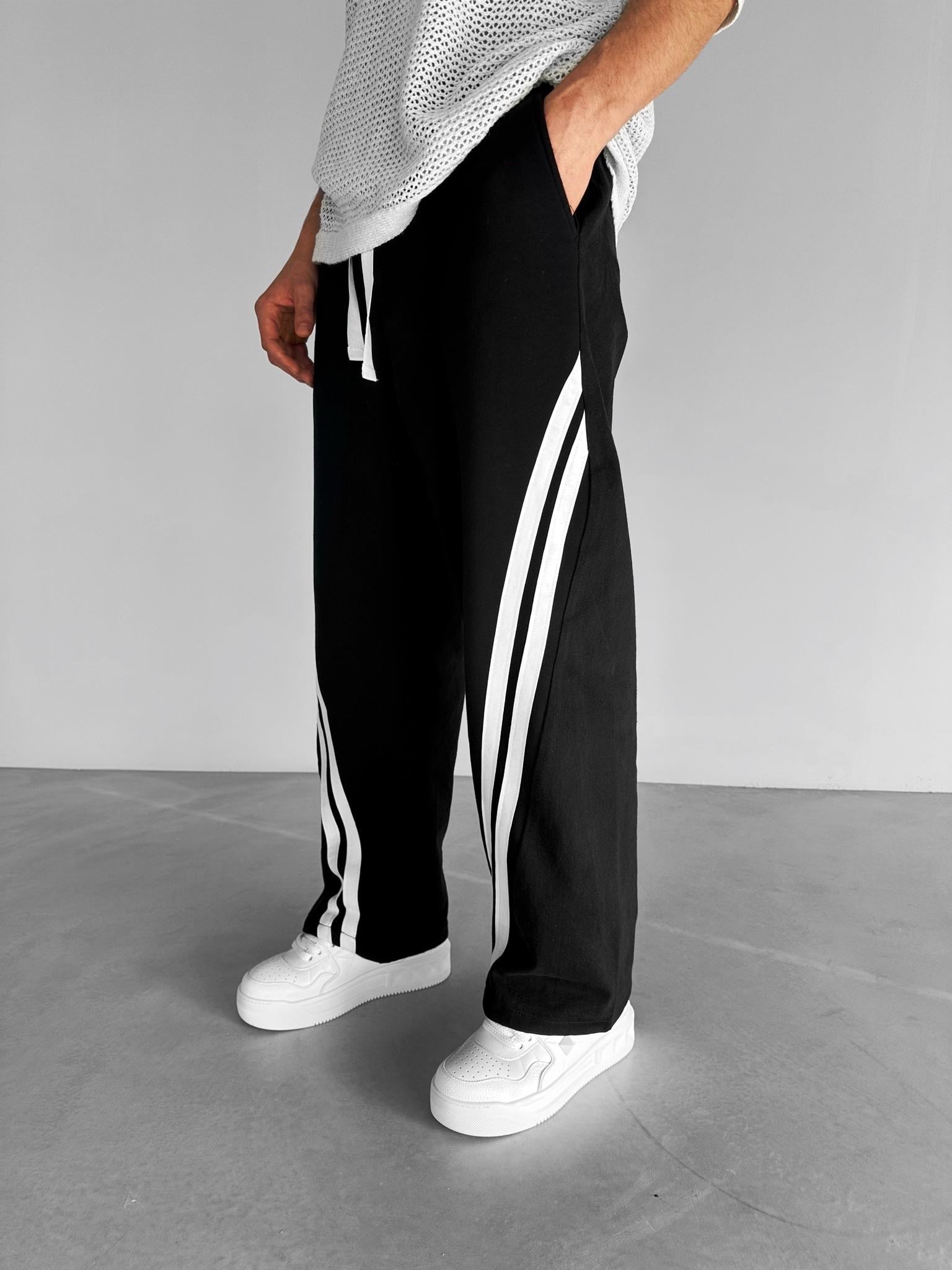 Erkek Baggy Fit Şerit Detaylı Duo Jean Siyah