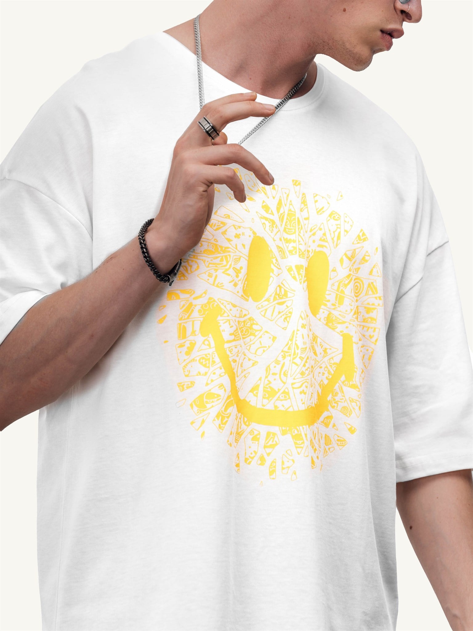 Erkek Baskılı Oversize T-Shirt Beyaz