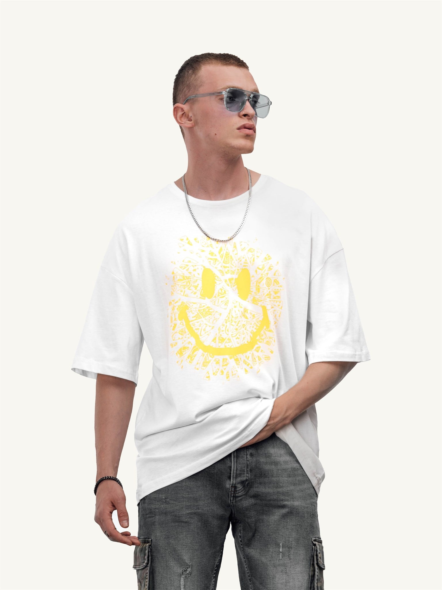 Erkek Baskılı Oversize T-Shirt Beyaz