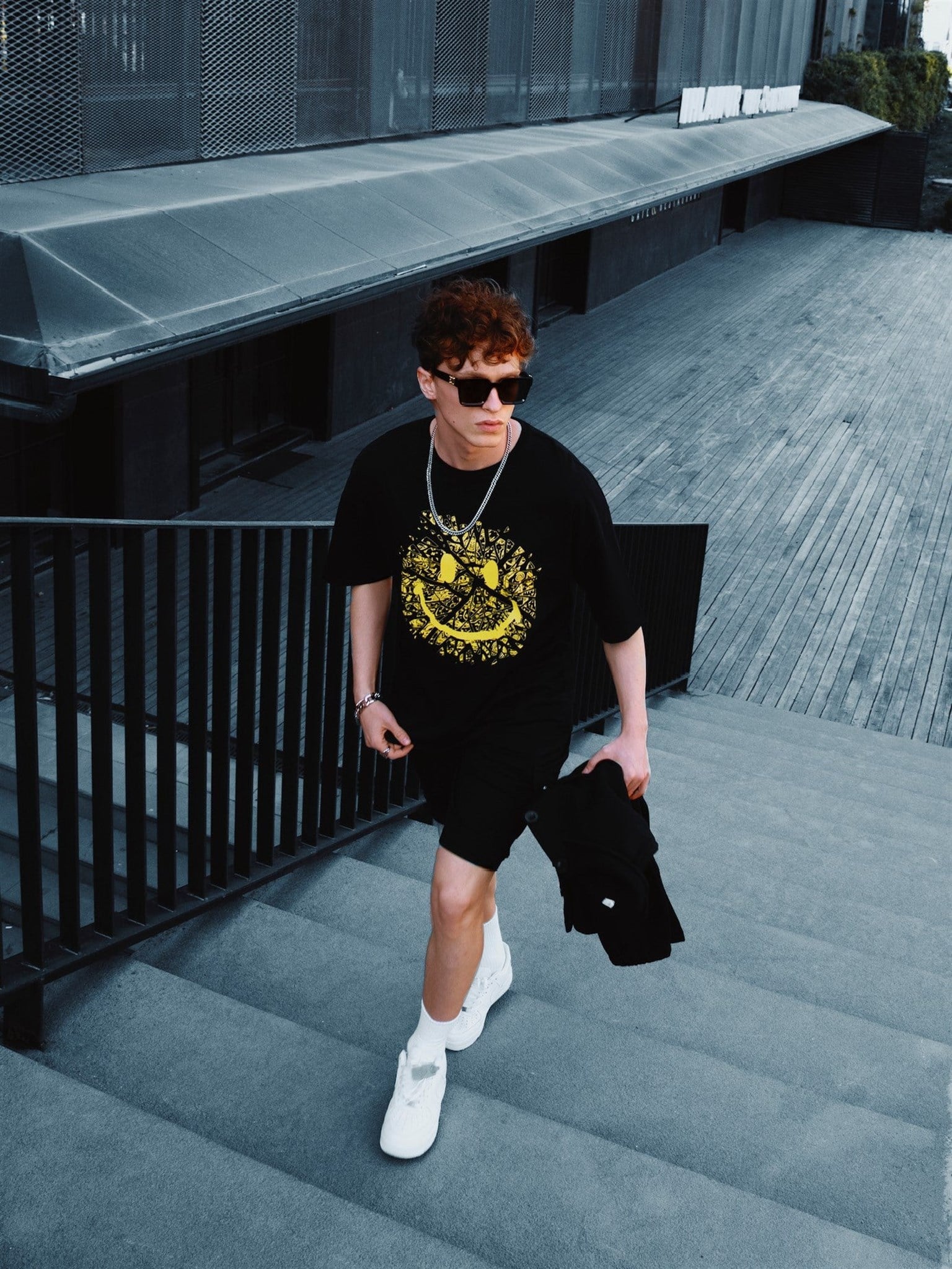Erkek Baskılı Oversize T-Shirt Siyah
