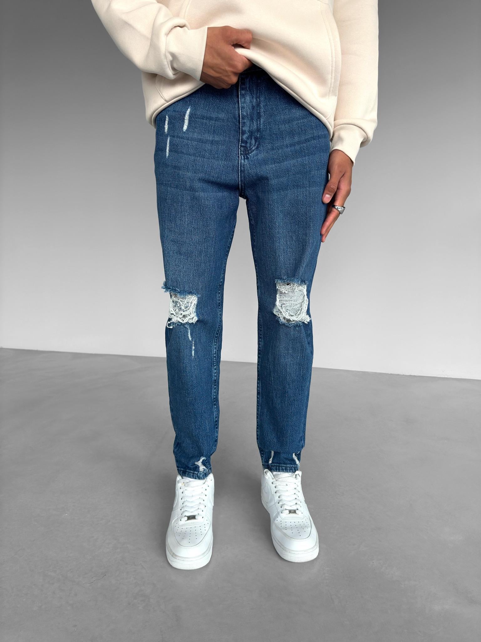 Erkek Boyfriend Kalıp Yıpratılmış Jean Pantolon Koyu Mavi