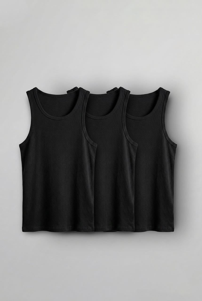 Erkek %100 Pamuklu Basic Fitilli Sporcu Atlet 3lu Set Siyah