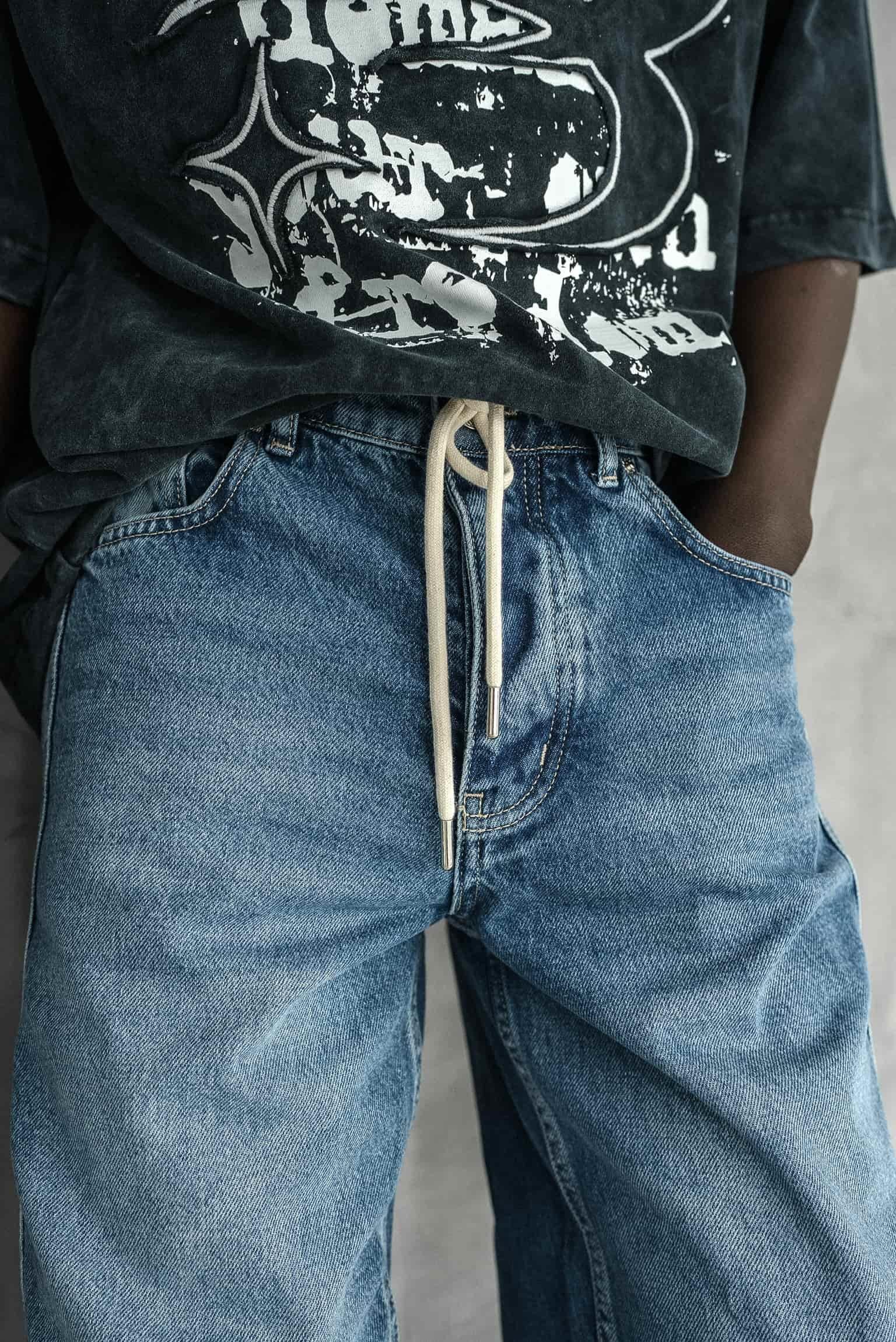 Erkek Bağcıklı Şerit Detaylı Baggy Jean Mavi
