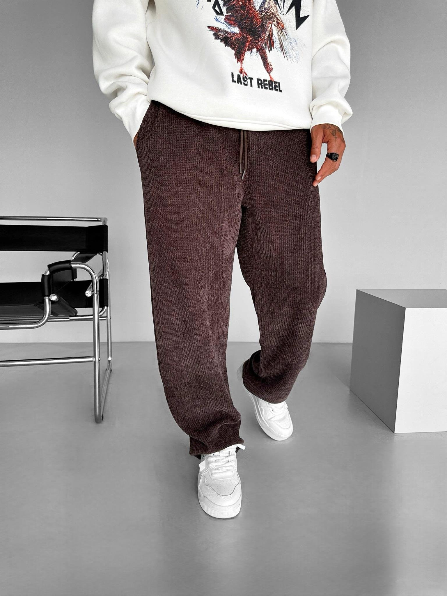 Erkek Baggy Fit Beli Lastikli Rahat Dokulu Örme Pantolon Kahverengi