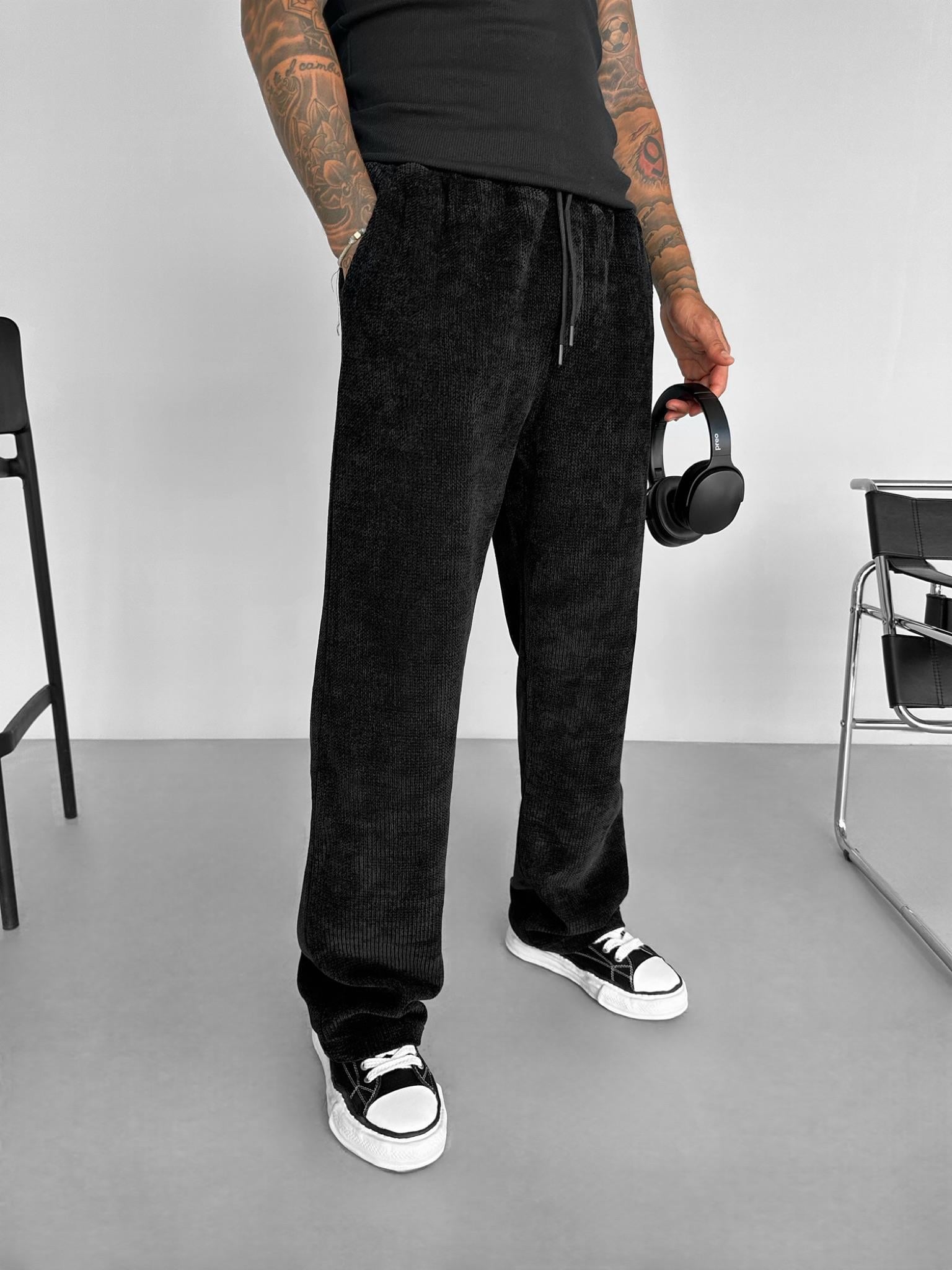 Erkek Baggy Fit Beli Lastikli Rahat Dokulu Örme Pantolon Siyah