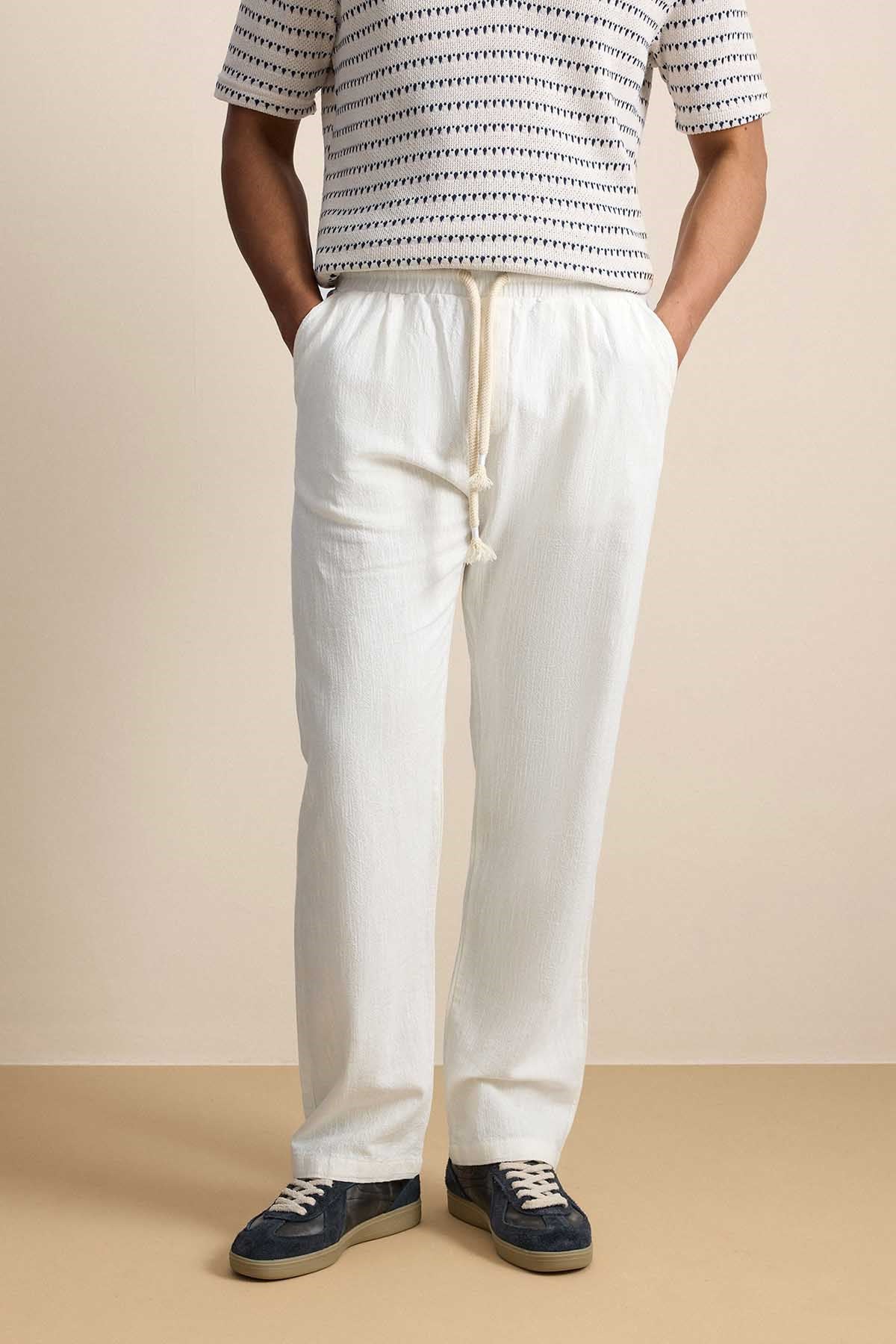 Erkek Baggy Fit Halat Kordonlu Keten Görünümlü Pantolon Ekru
