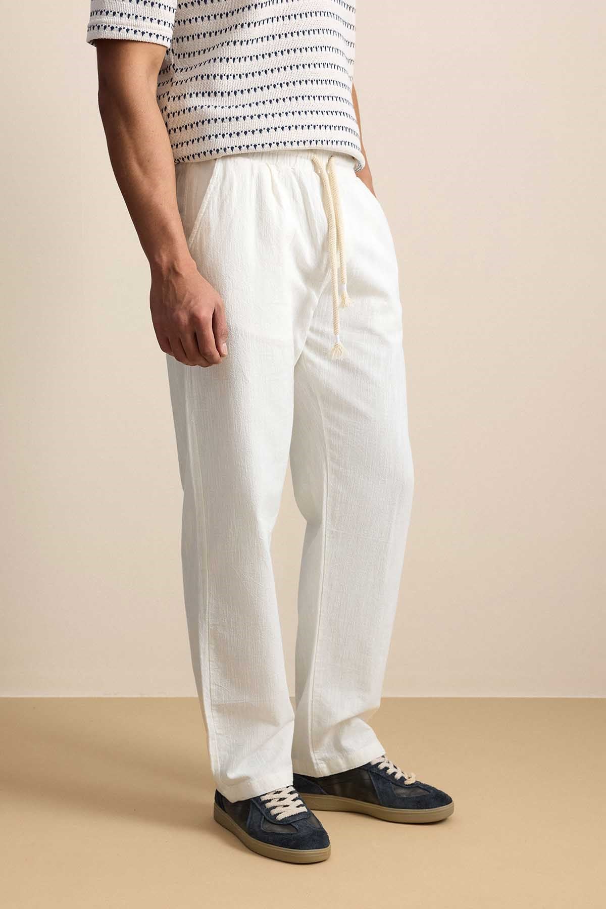 Erkek Baggy Fit Halat Kordonlu Keten Görünümlü Pantolon Ekru