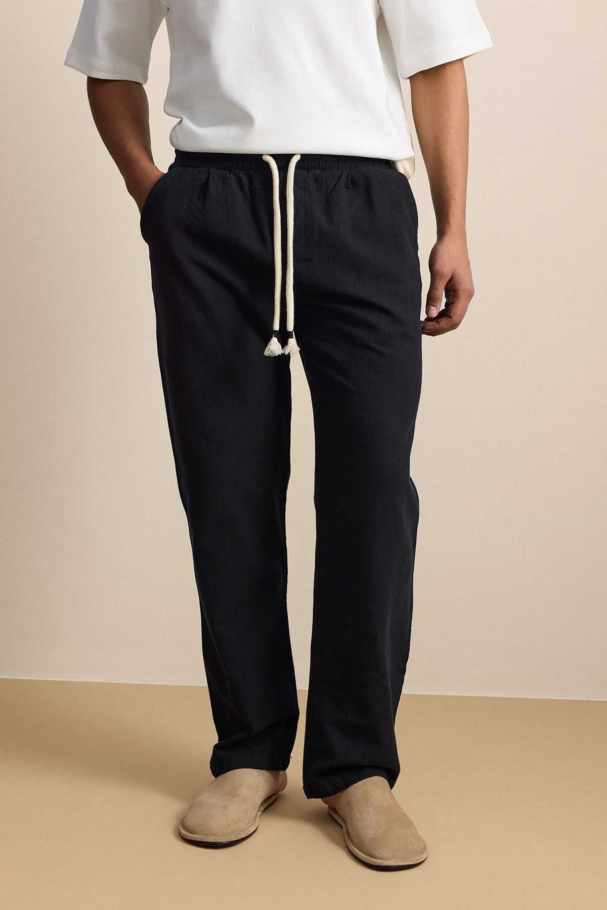 Erkek Baggy Fit Halat Kordonlu Keten Görünümlü Pantolon Siyah