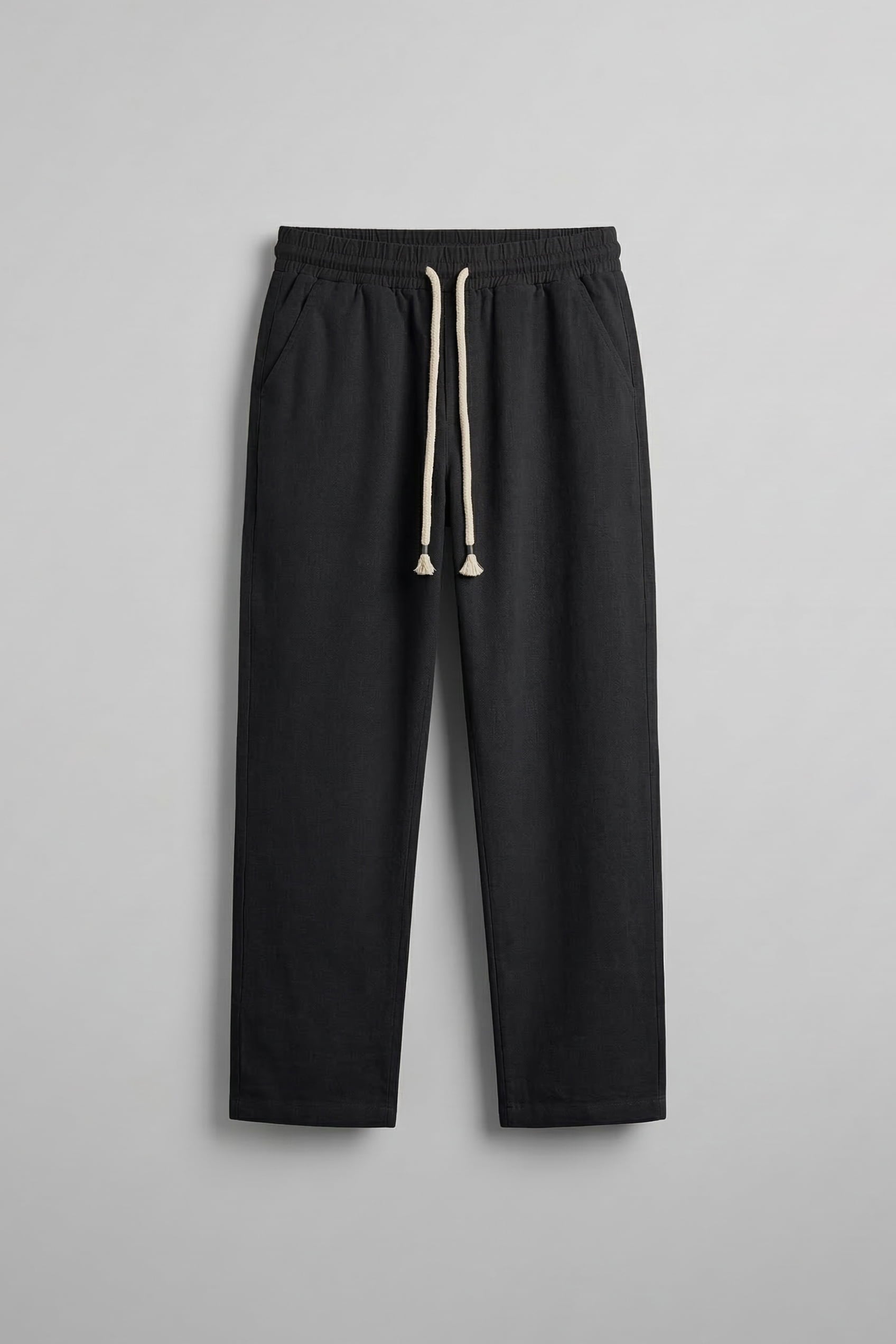Erkek Baggy Fit Halat Kordonlu Keten Görünümlü Pantolon Siyah