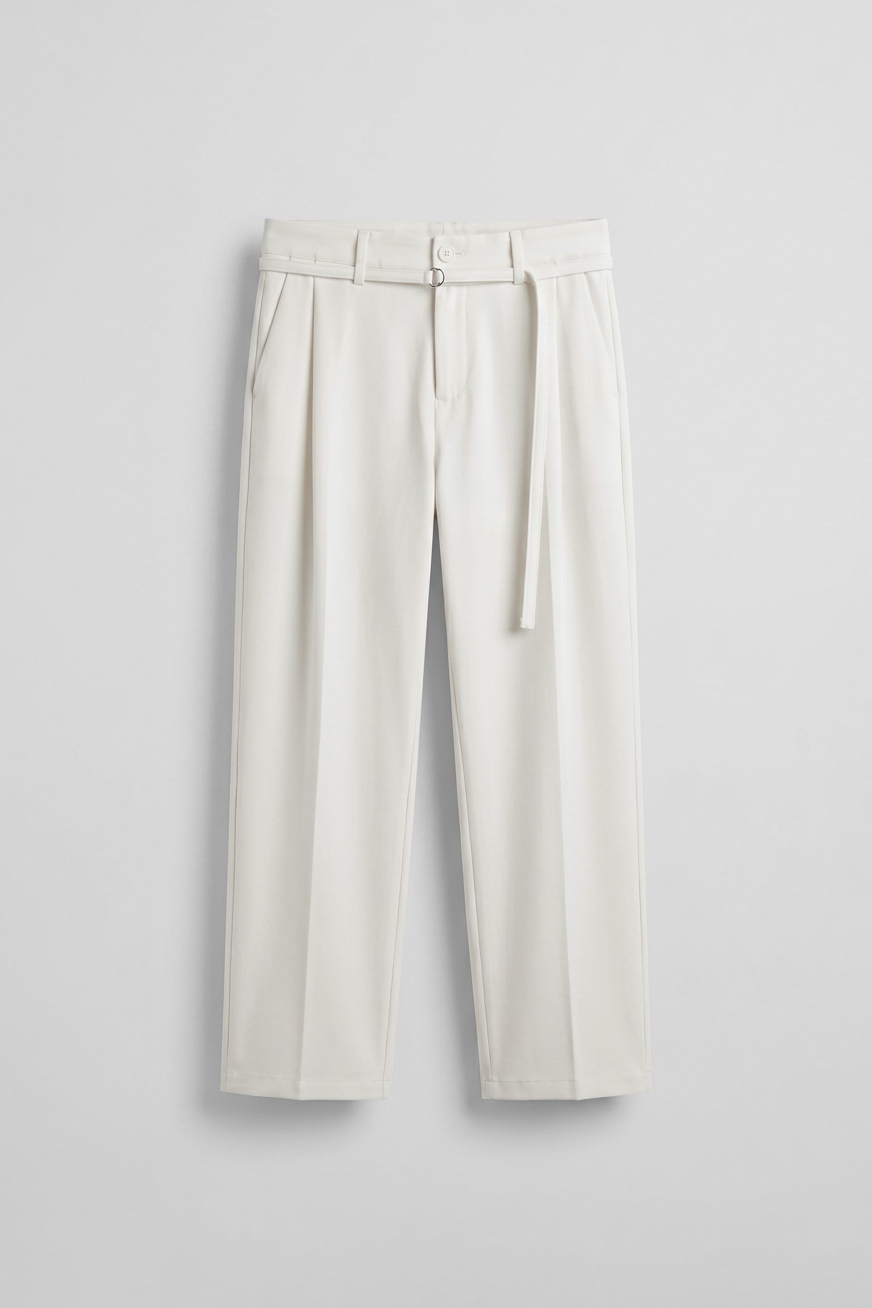 Erkek Baggy Fit Kemer Detaylı Gabardin Kumaş Pantolon Beyaz