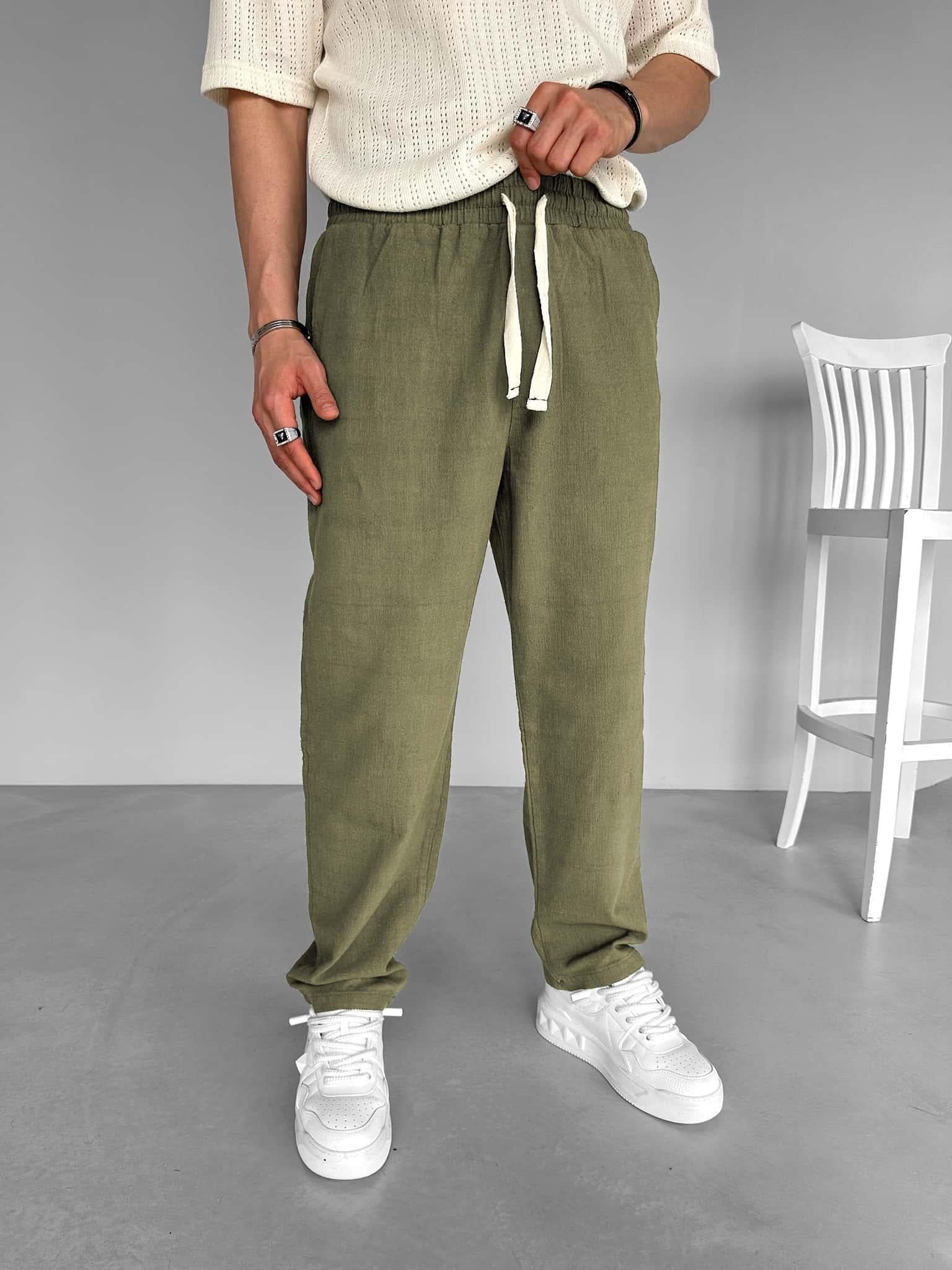Erkek Baggy Fit Keten Pantolon Haki Yeşil