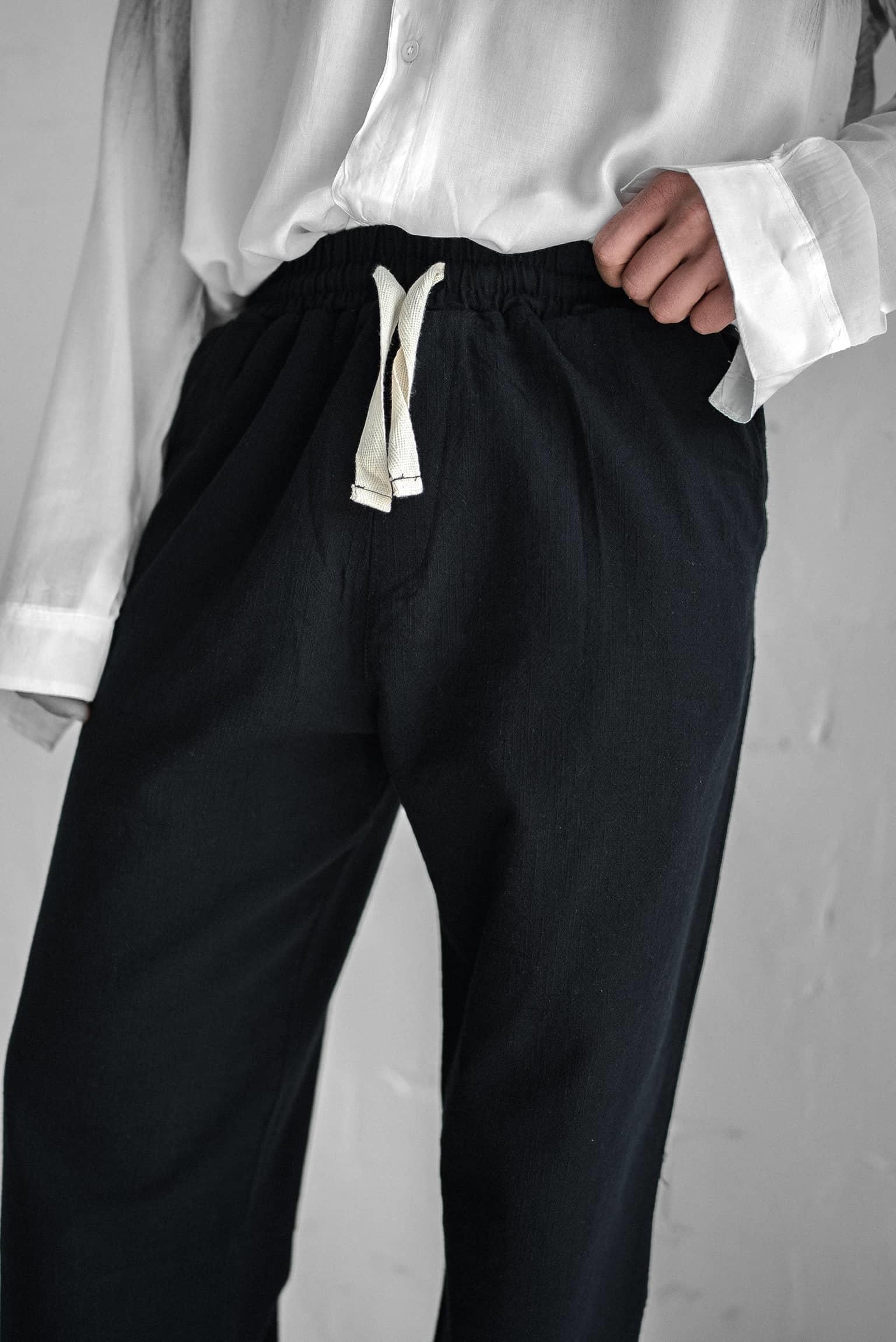 Erkek Baggy Fit Keten Pantolon Siyah