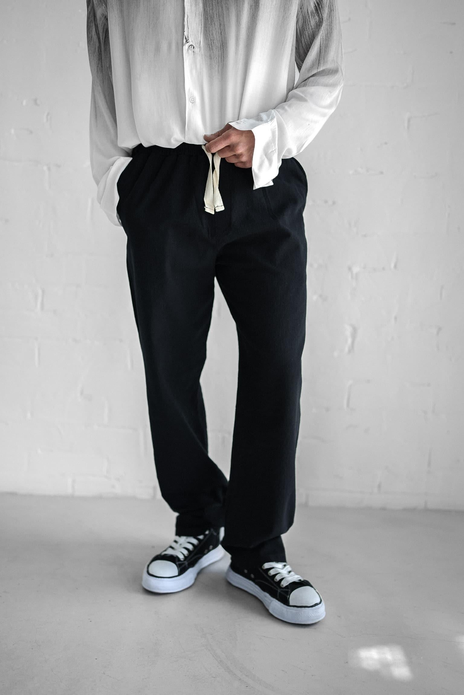 Erkek Baggy Fit Keten Pantolon Siyah
