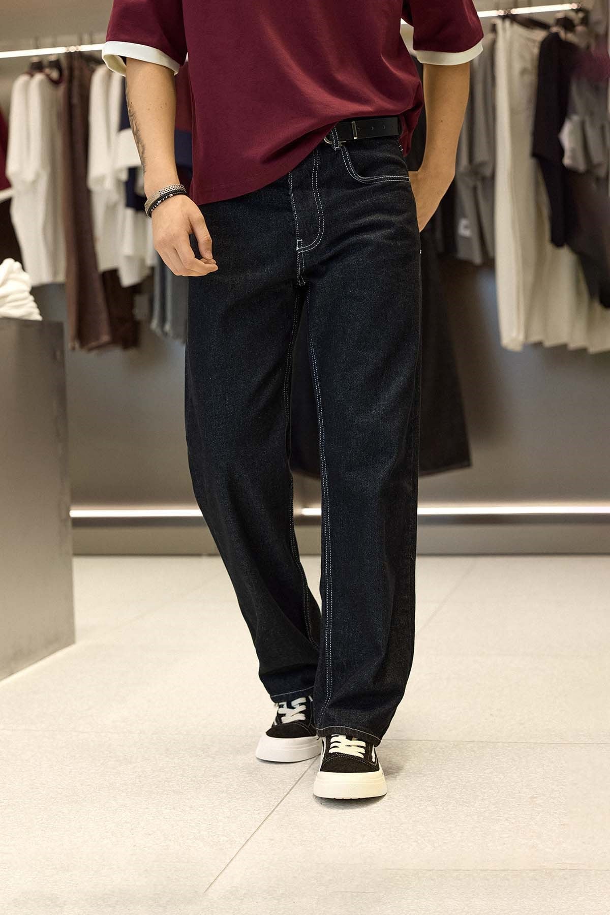 Erkek Baggy Fit Kontrast Dikişli Jean Pantolon Siyah