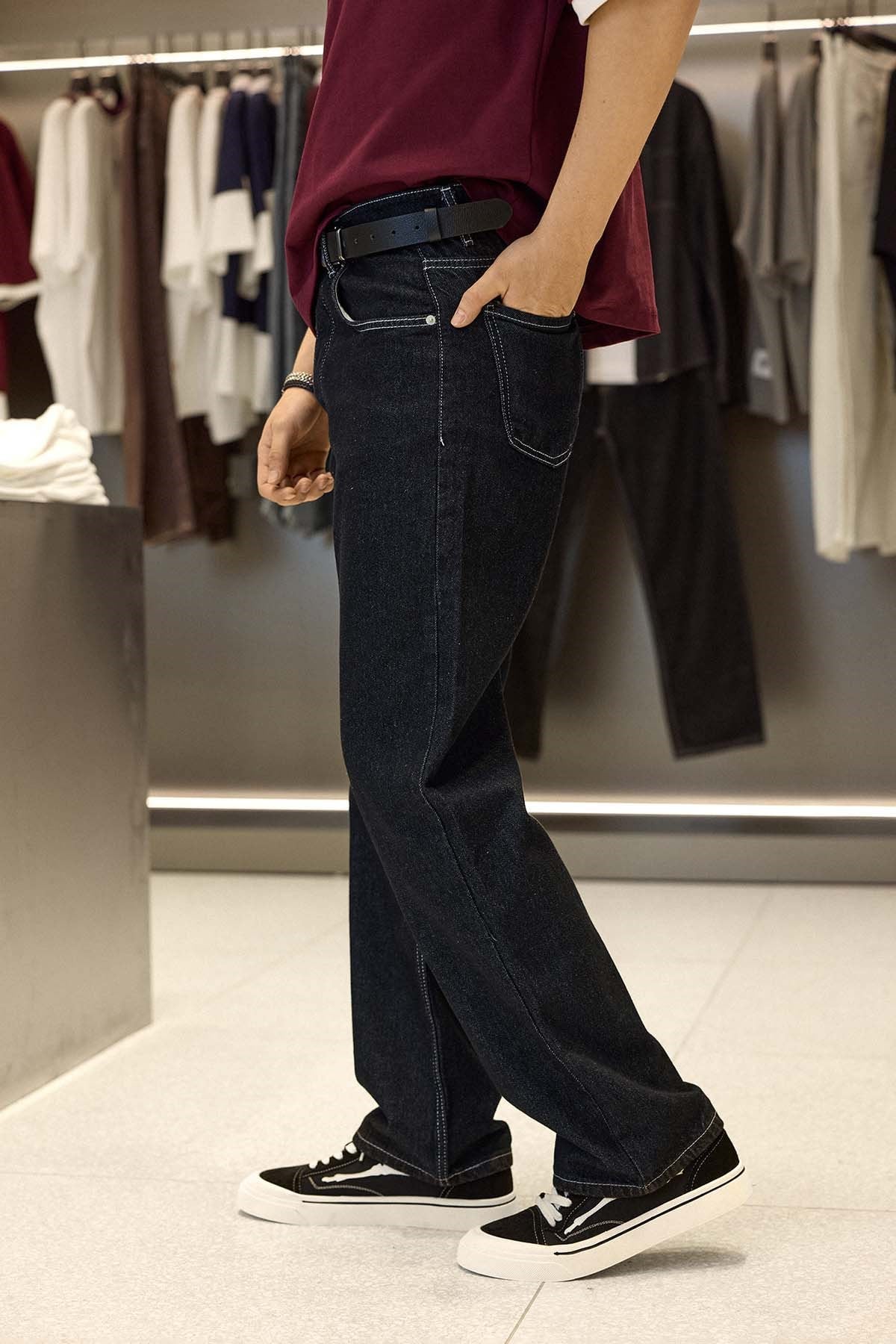 Erkek Baggy Fit Kontrast Dikişli Jean Pantolon Siyah