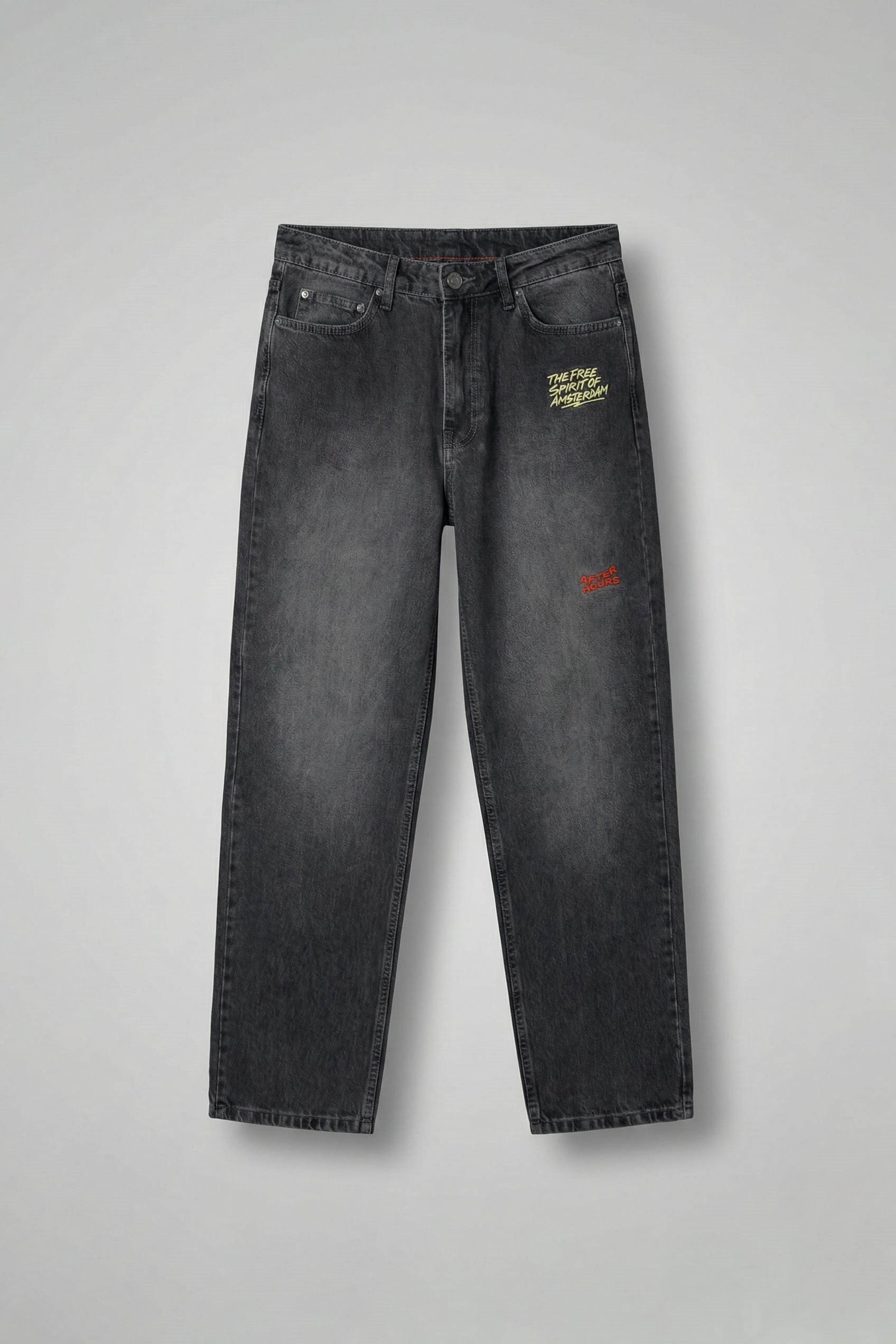 Erkek Baggy Fit Nakışlı Frayed Jean Pantolon Siyah