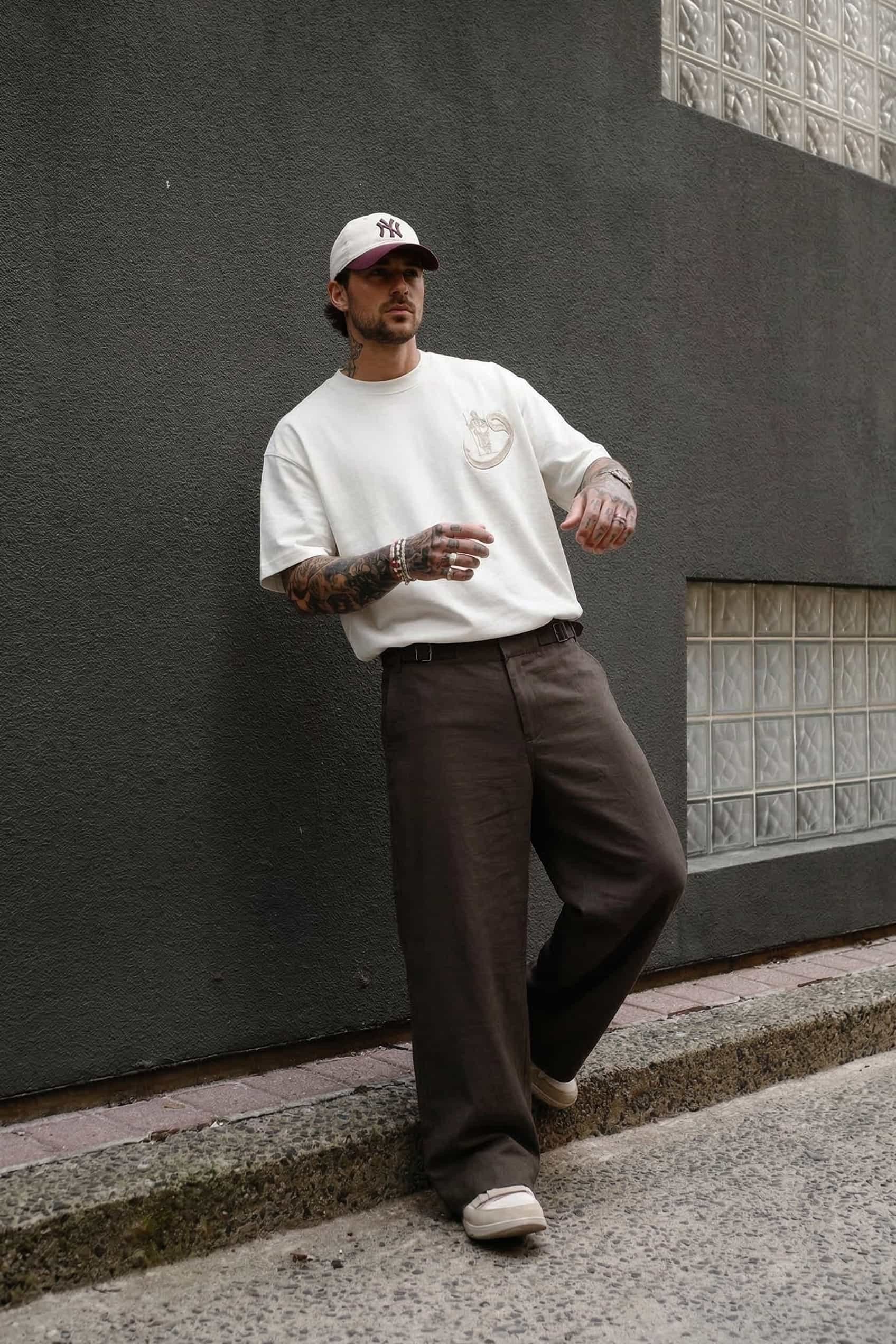 Erkek Baggy Fit Tokalı Kemer Detaylı Keten Pantolon Kahverengi