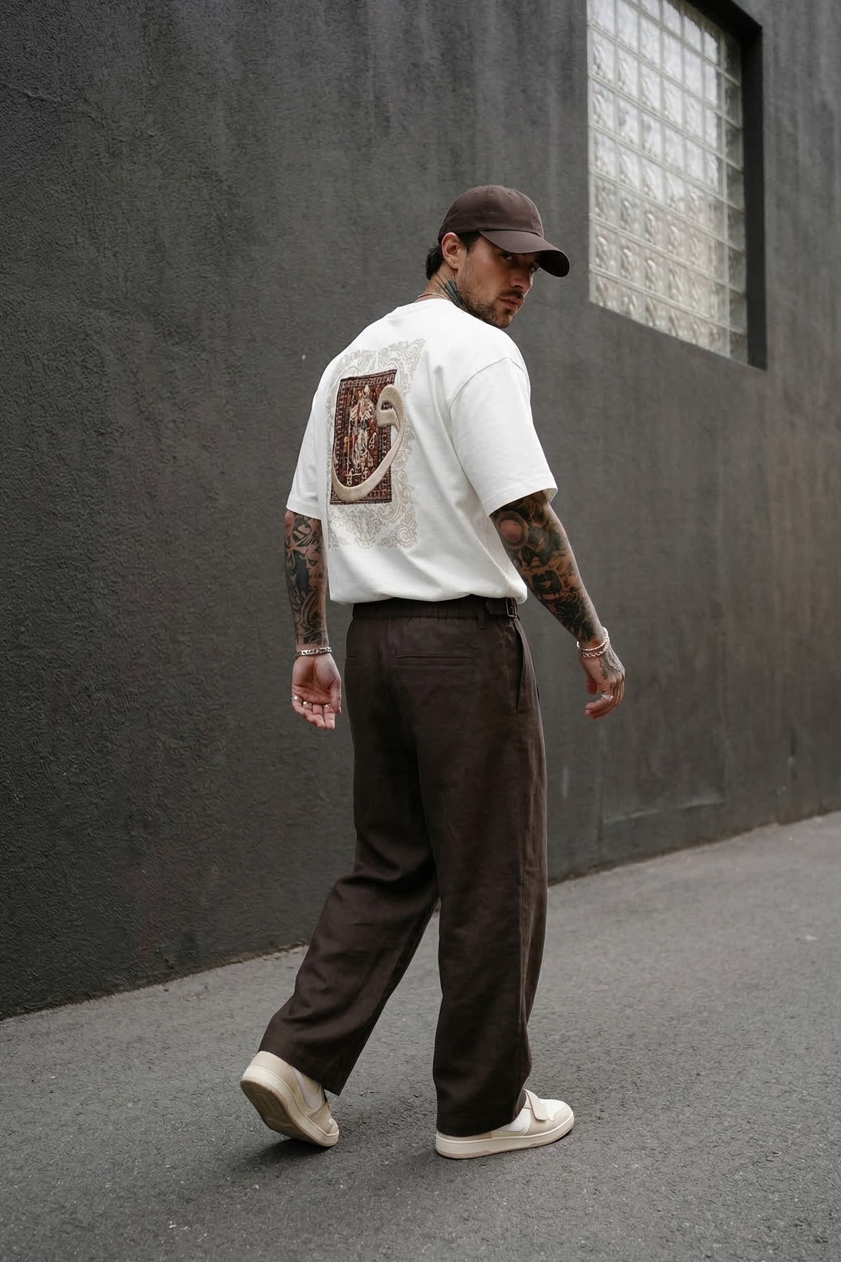 Erkek Baggy Fit Tokalı Kemer Detaylı Keten Pantolon Kahverengi
