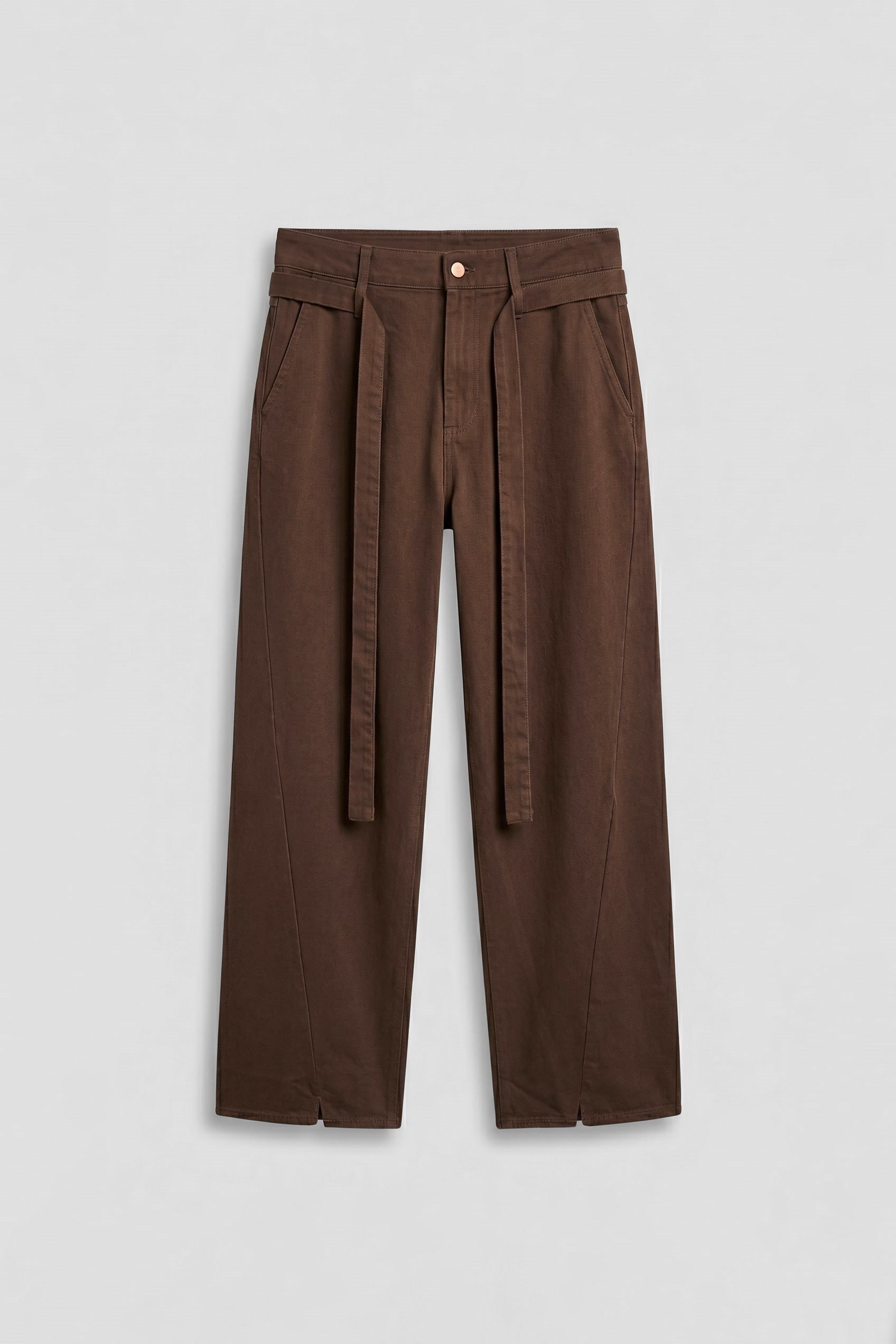 Erkek Baggy Fit Yüksek Bel Kemerli Gabardin Pantolon Kahverengi