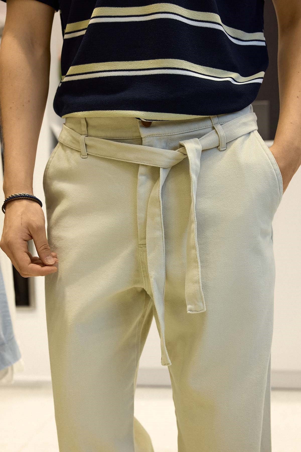Erkek Baggy Fit Yüksek Bel Kemerli Gabardin Pantolon Taş Rengi