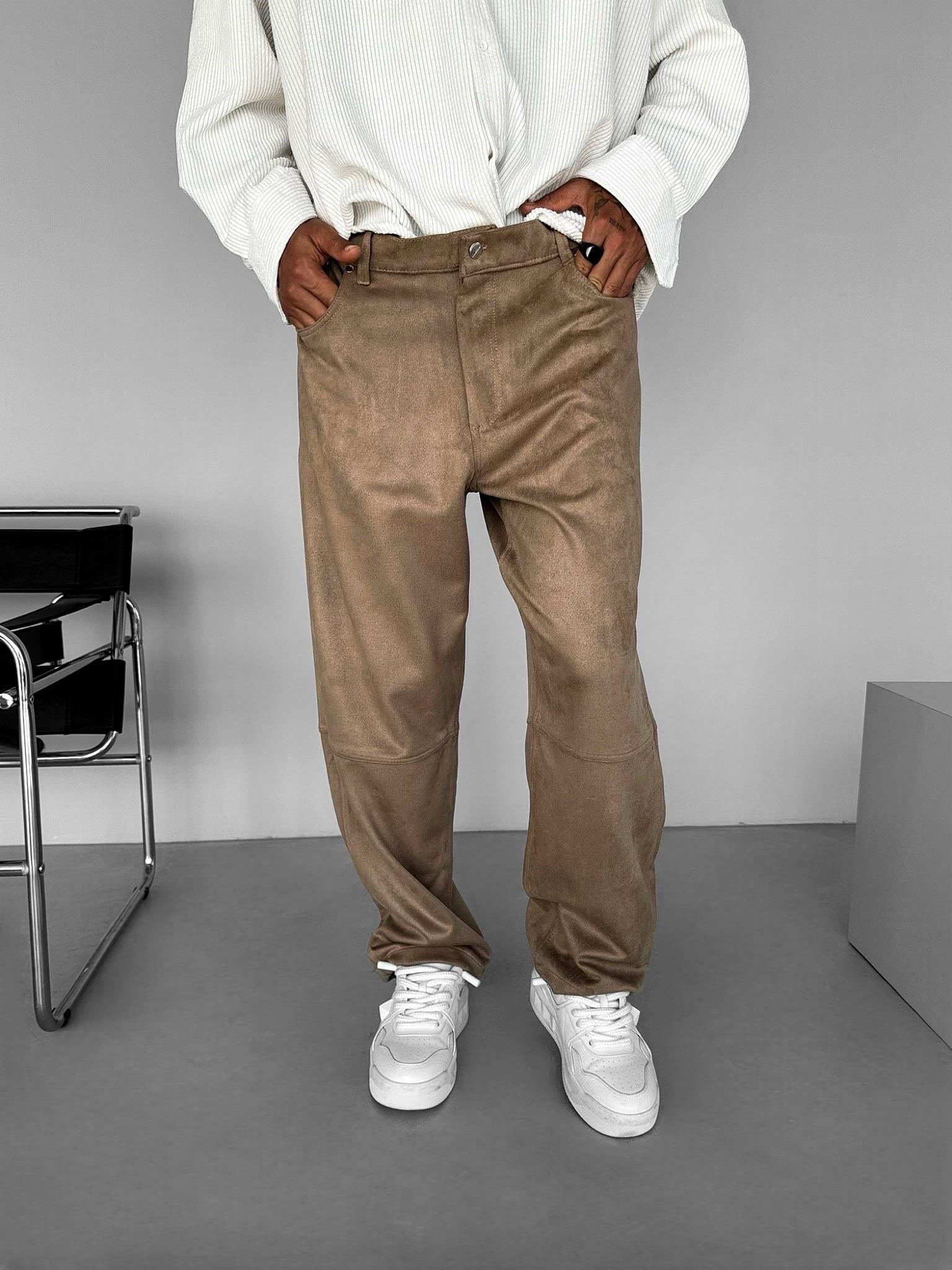 Erkek Baggy Geniş Kalıp Geniş Paça Süet Basic Pantolon Bej