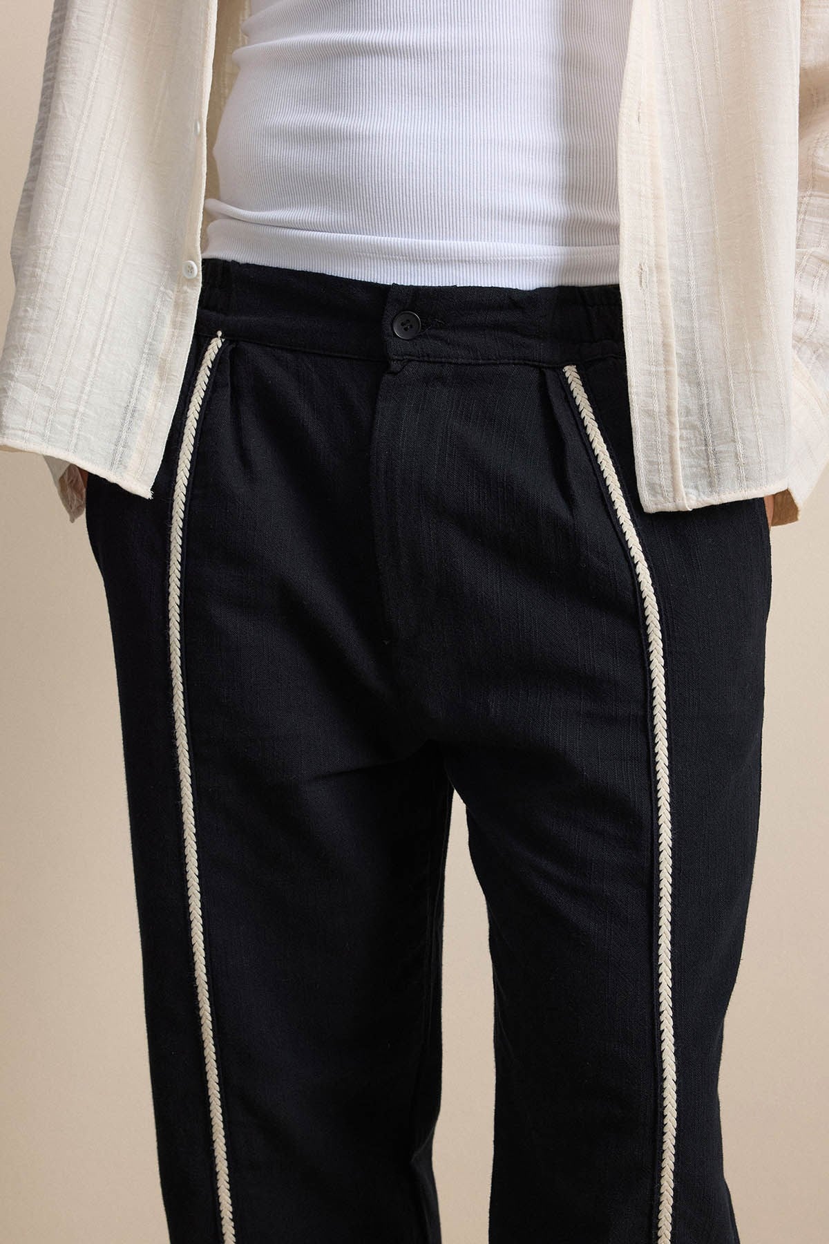 Erkek Baggy Keten Şerit Detaylı Lastik Bel Pantolon Siyah