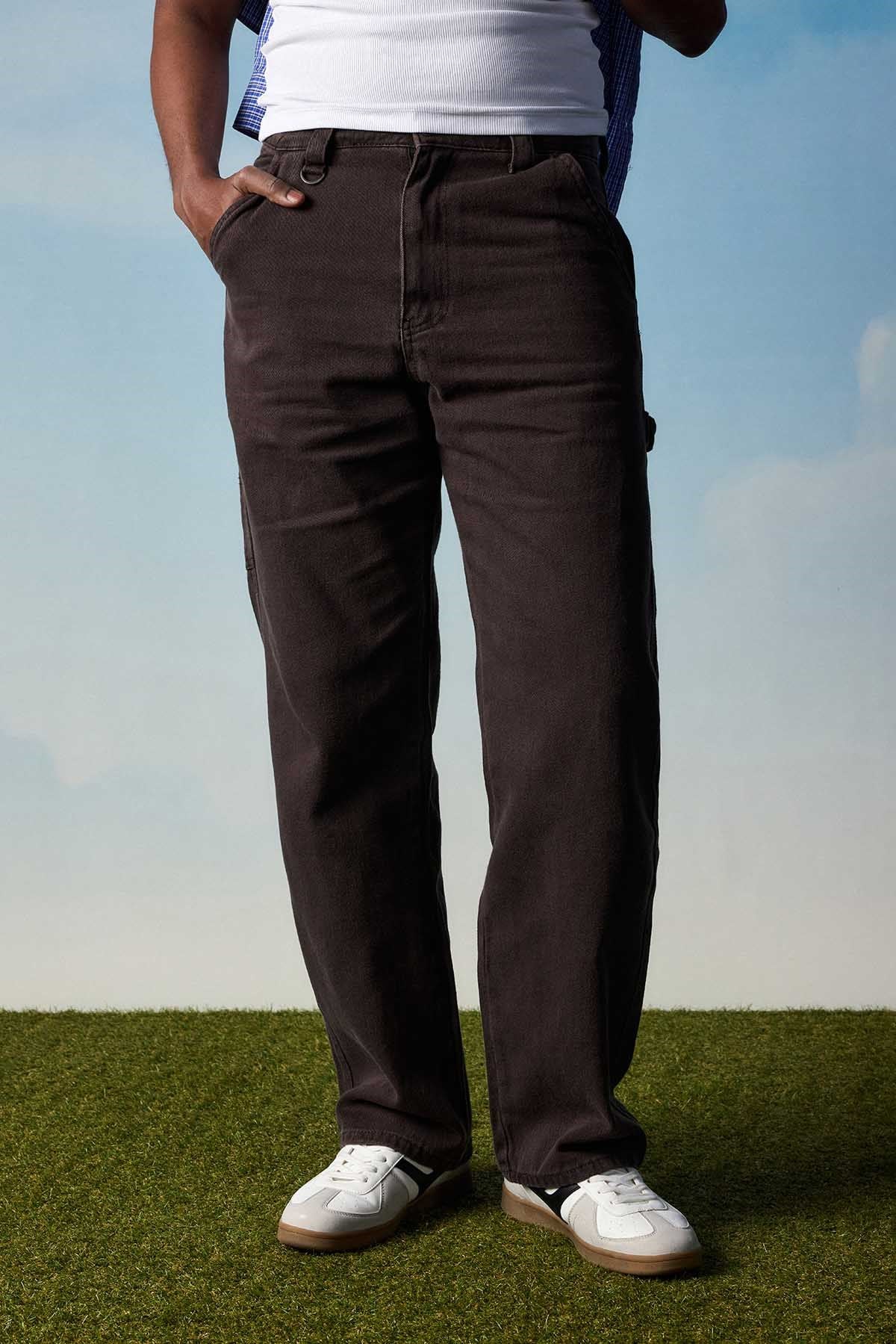 Erkek Baggy Marangoz Cepli Jean Pantolon Kahverengi