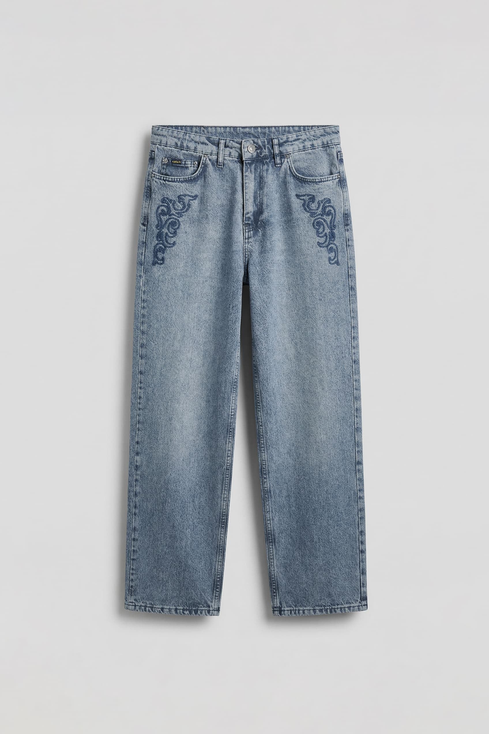 Erkek Baggy Nakış Detaylı Jean Pantolon Mavi