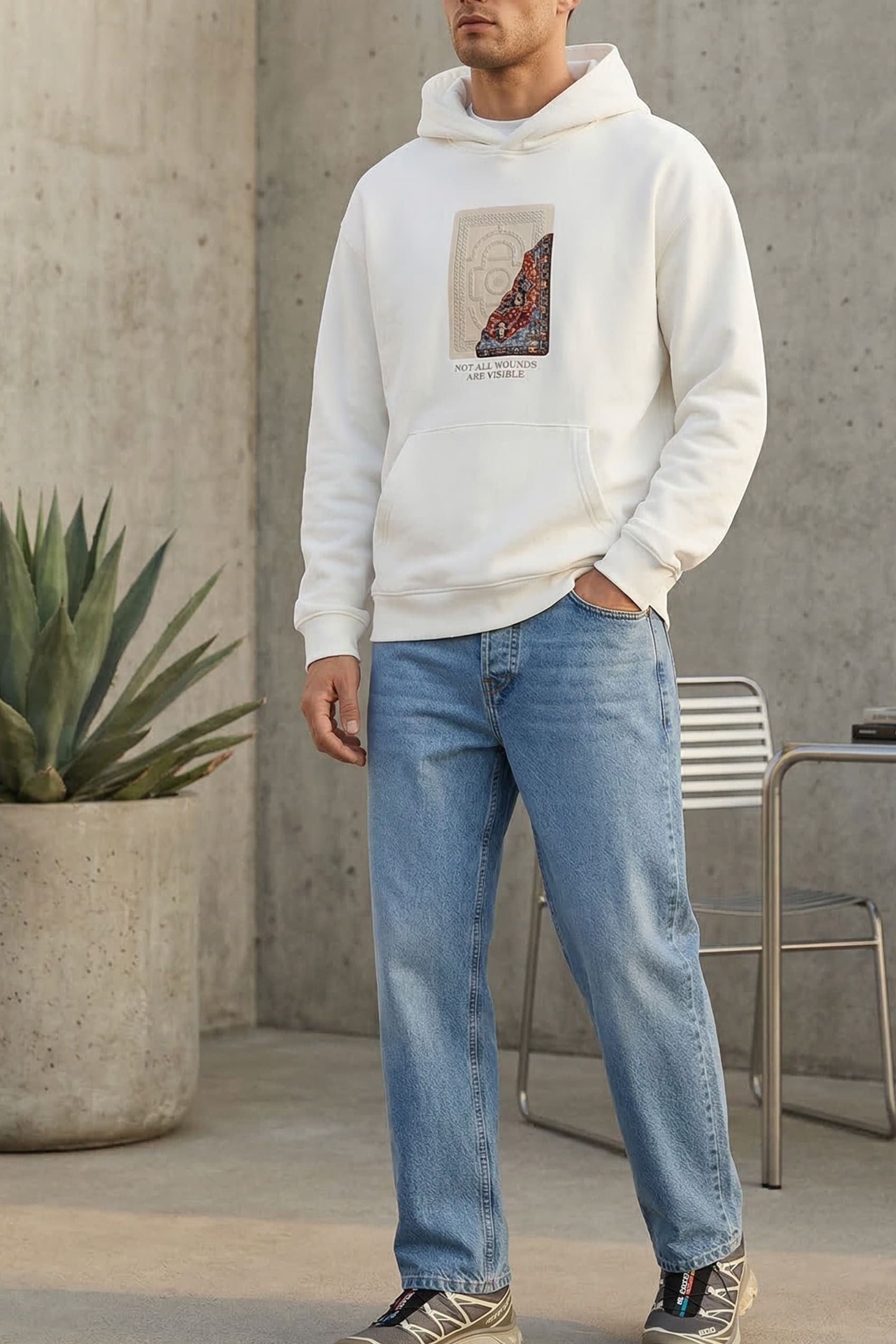 Erkek Baskılı Oversize Premium Kumaş Hoodie Beyaz