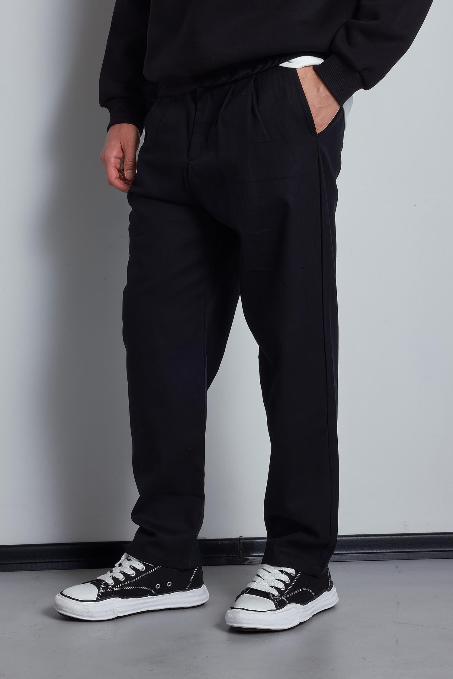 Erkek Beli Lastikli Desenli Baggy Pantolon Siyah