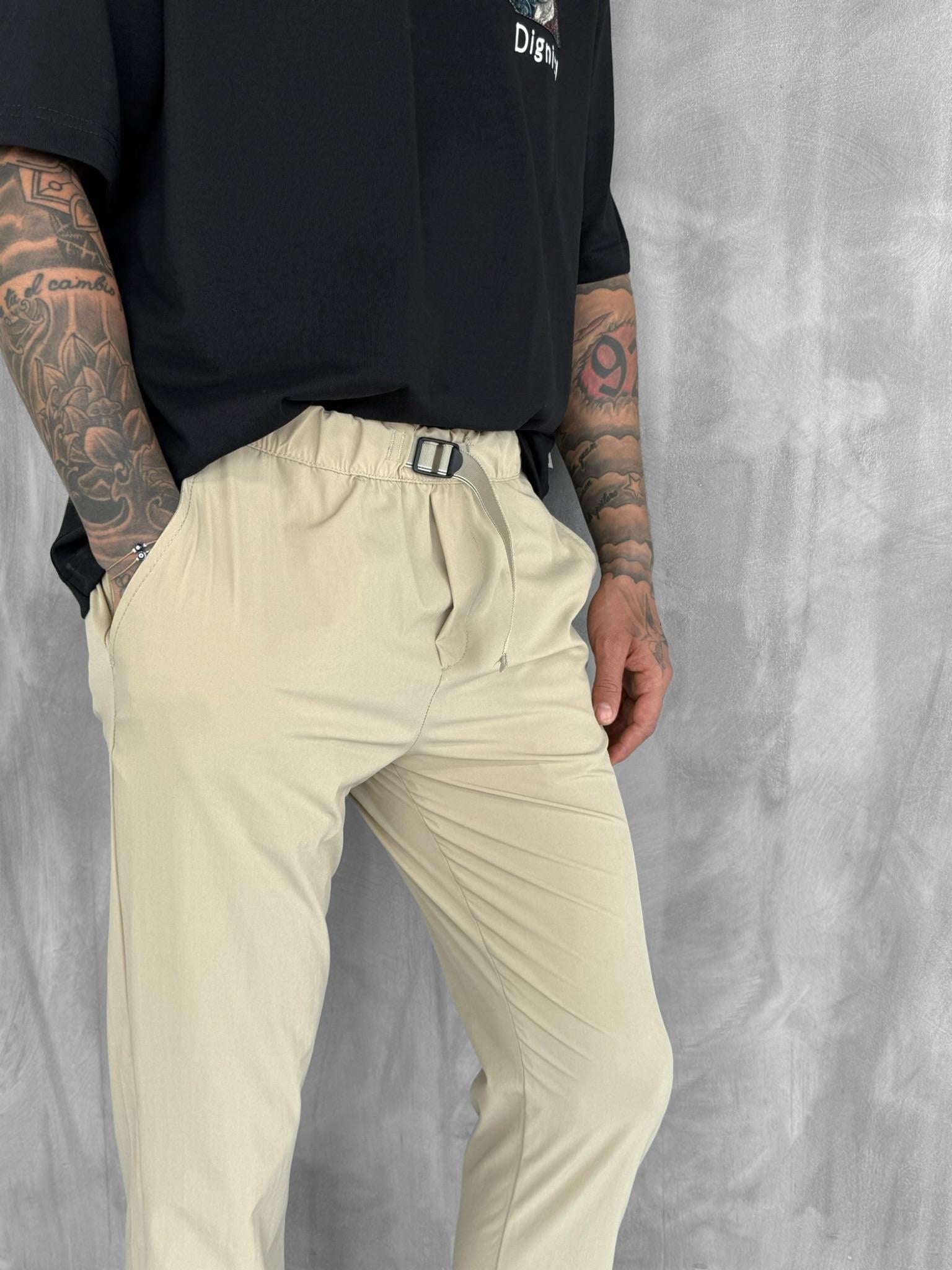 Erkek Beli Lastikli Tecno Kumaş Slim Fit Pantolon Bej