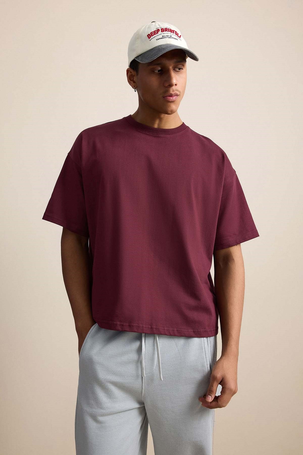 Erkek Boxy Fit Basic %100 Pamuklu T-Shirt Kırmızı