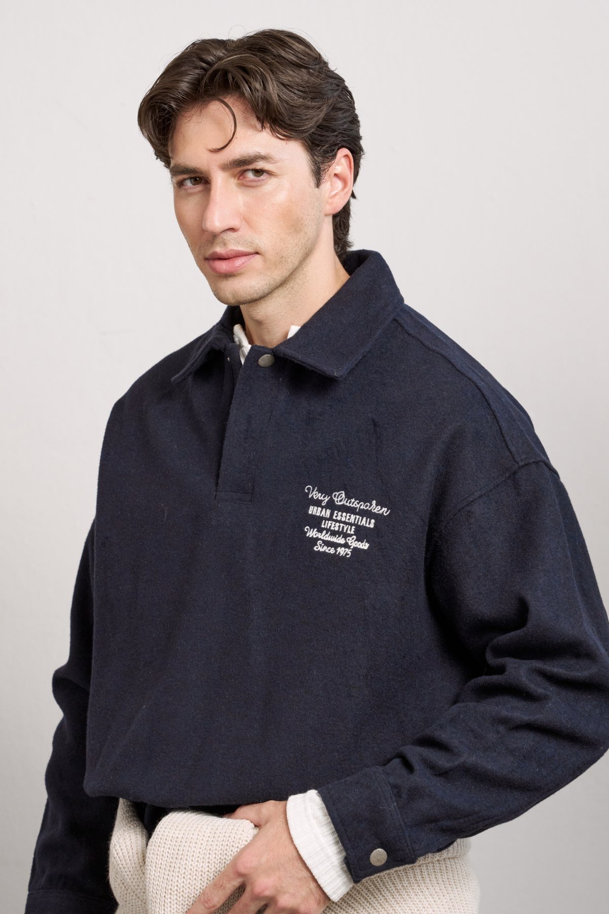 Erkek Boxy Fit Basic Nakışlı Polo Yaka Sweatshirt Lacivert