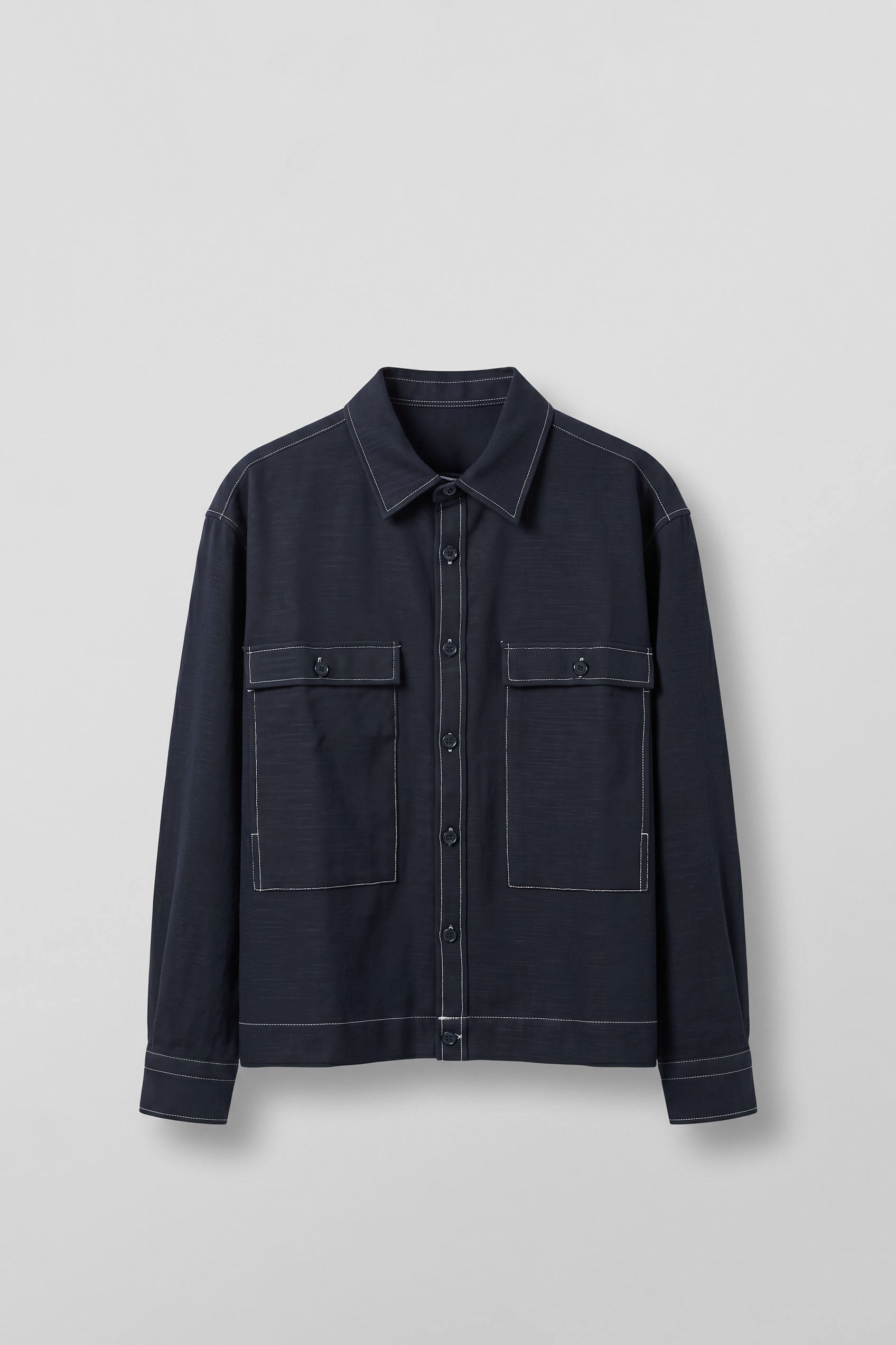Erkek Boxy Fit Kontrast Dikişli Pamuklu Overshirt Gömlek Lacivert