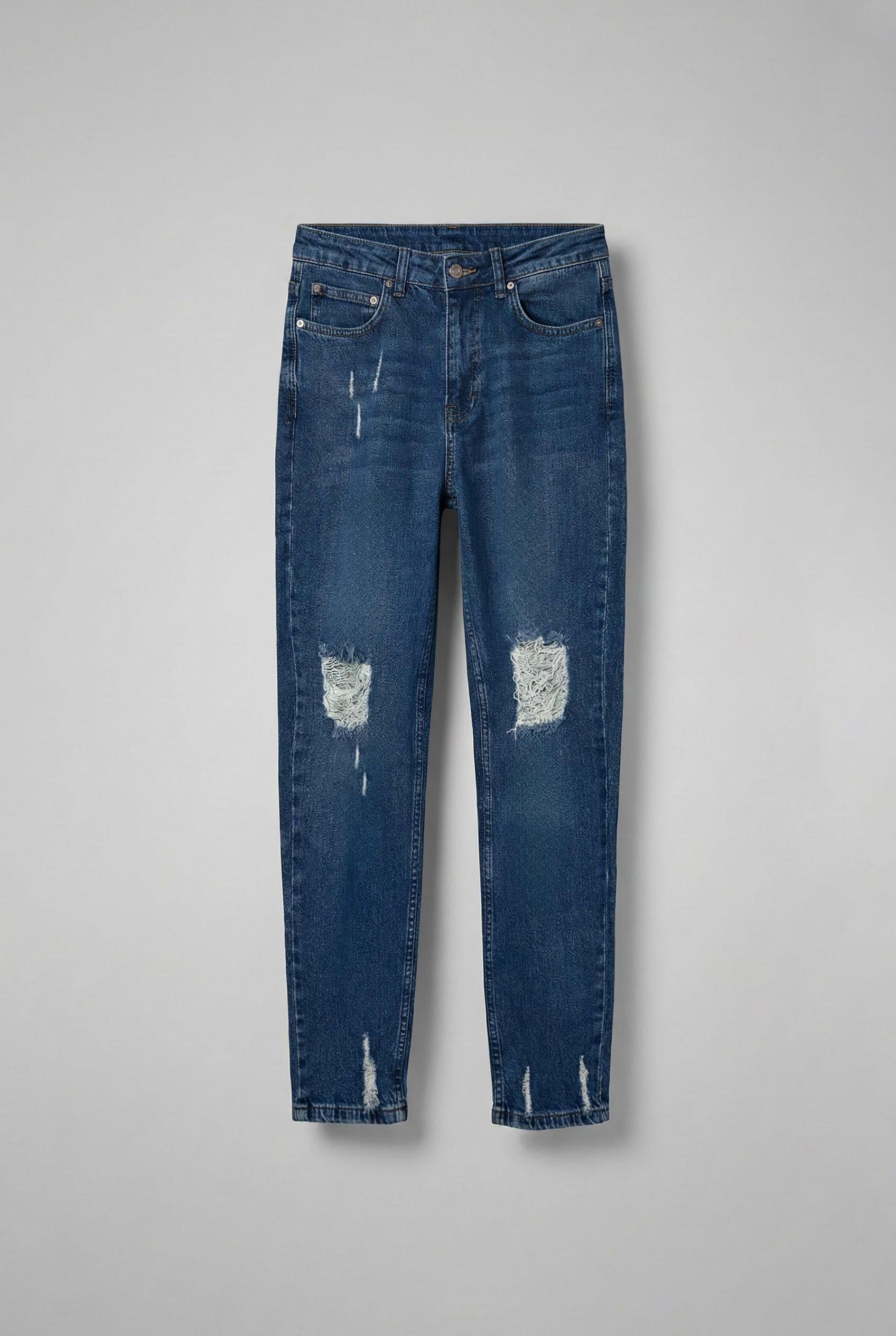 Erkek Boyfriend Kalıp Yıpratılmış Jean Pantolon Koyu Mavi