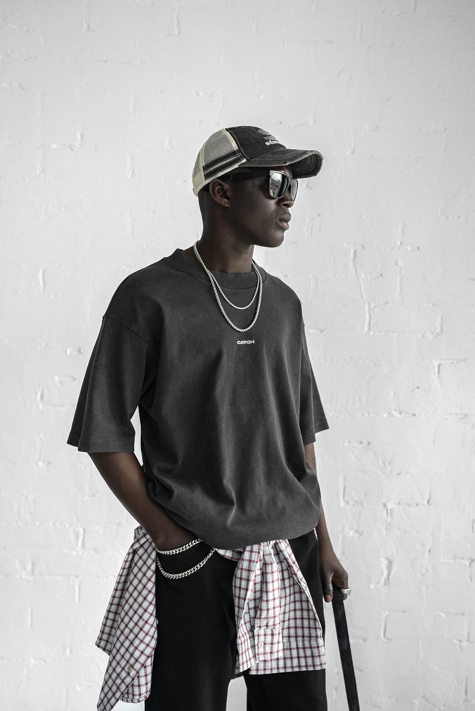 Erkek Catch Minimal Baskılı Oversize T-Shirt Siyah