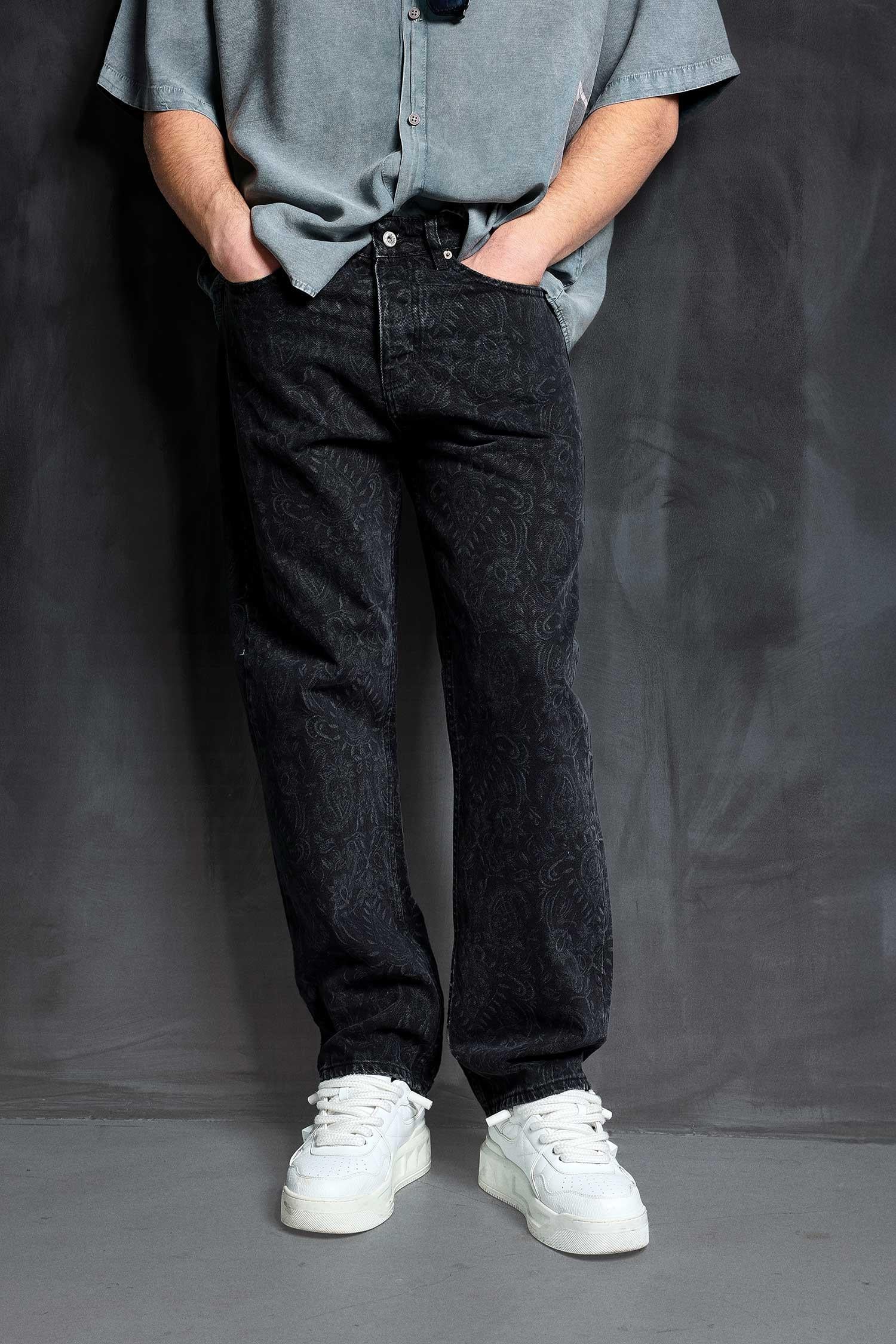 Erkek Desenli Baggy Fit Jean Siyah