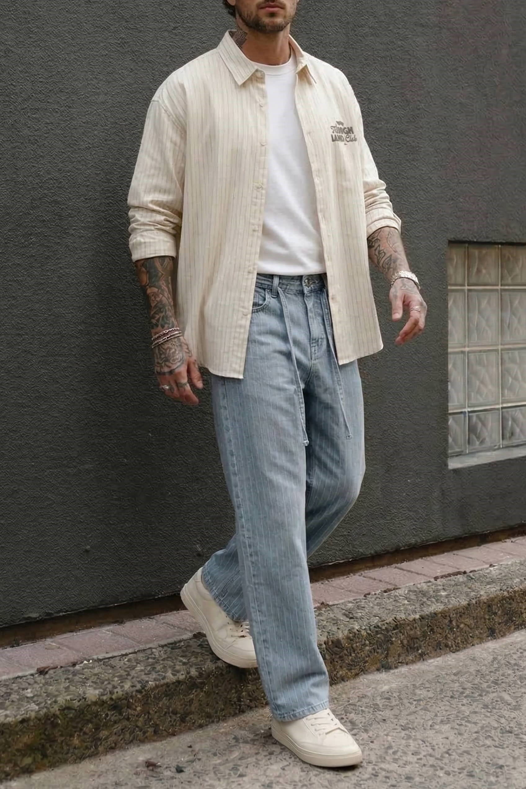 Erkek Desenli Kemer Detaylı Baggy Fit Jean Mavi