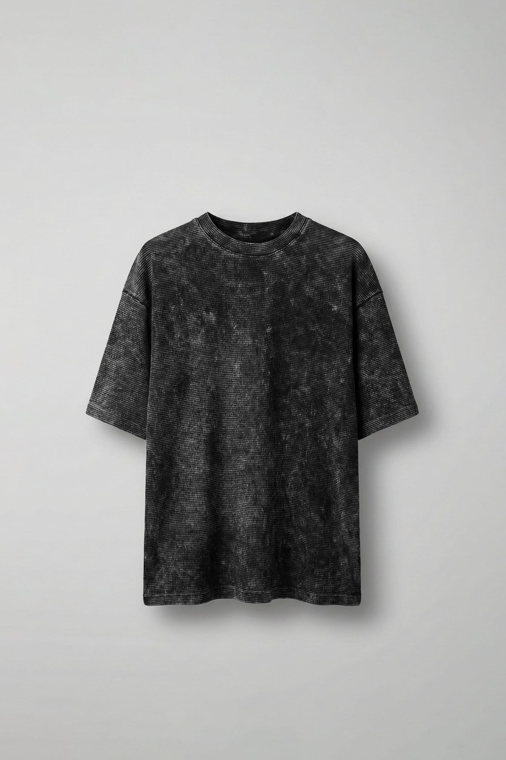 Erkek Desenli Waffle Kumaş Yıkamalı Oversize T-Shirt Siyah