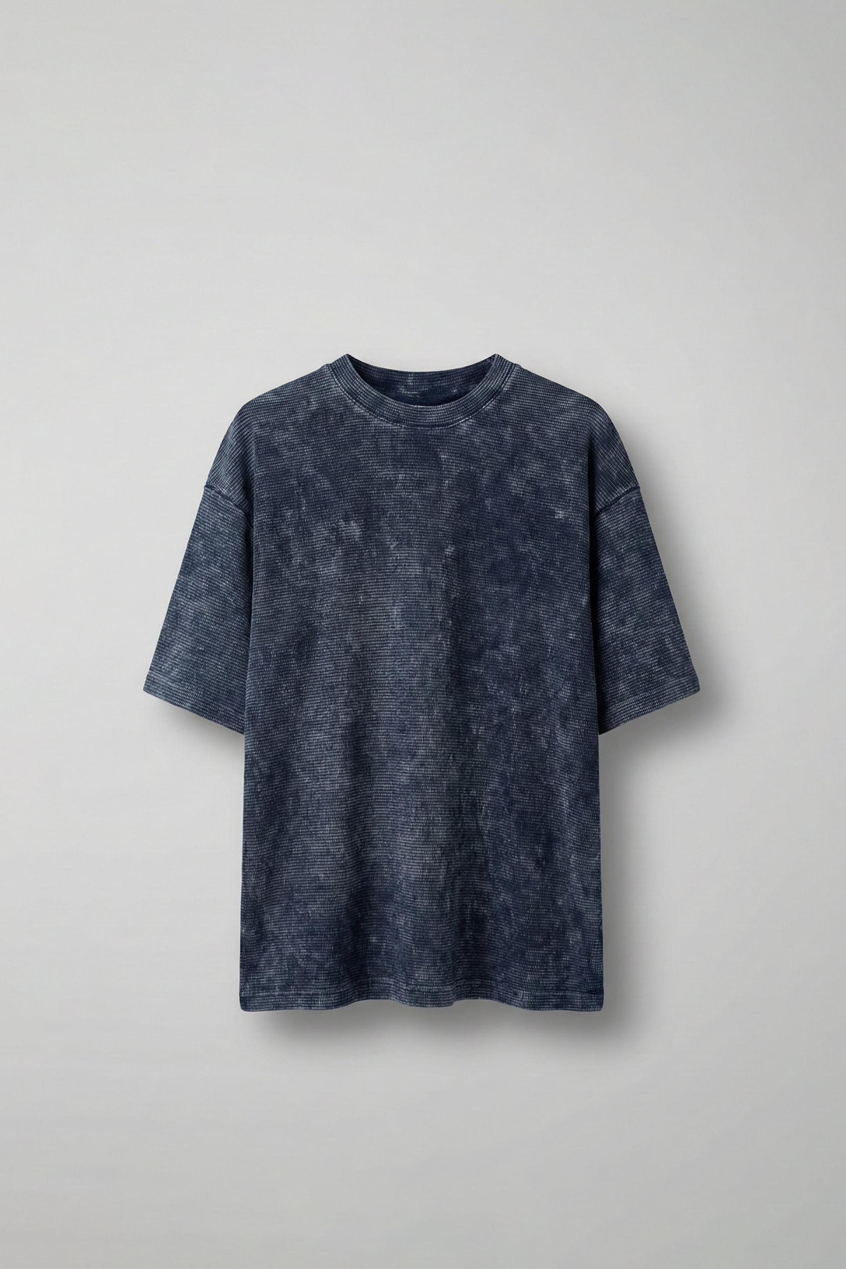 Erkek Desenli Waffle Kumaş Yıkamalı Oversize T-Shirt Mavi