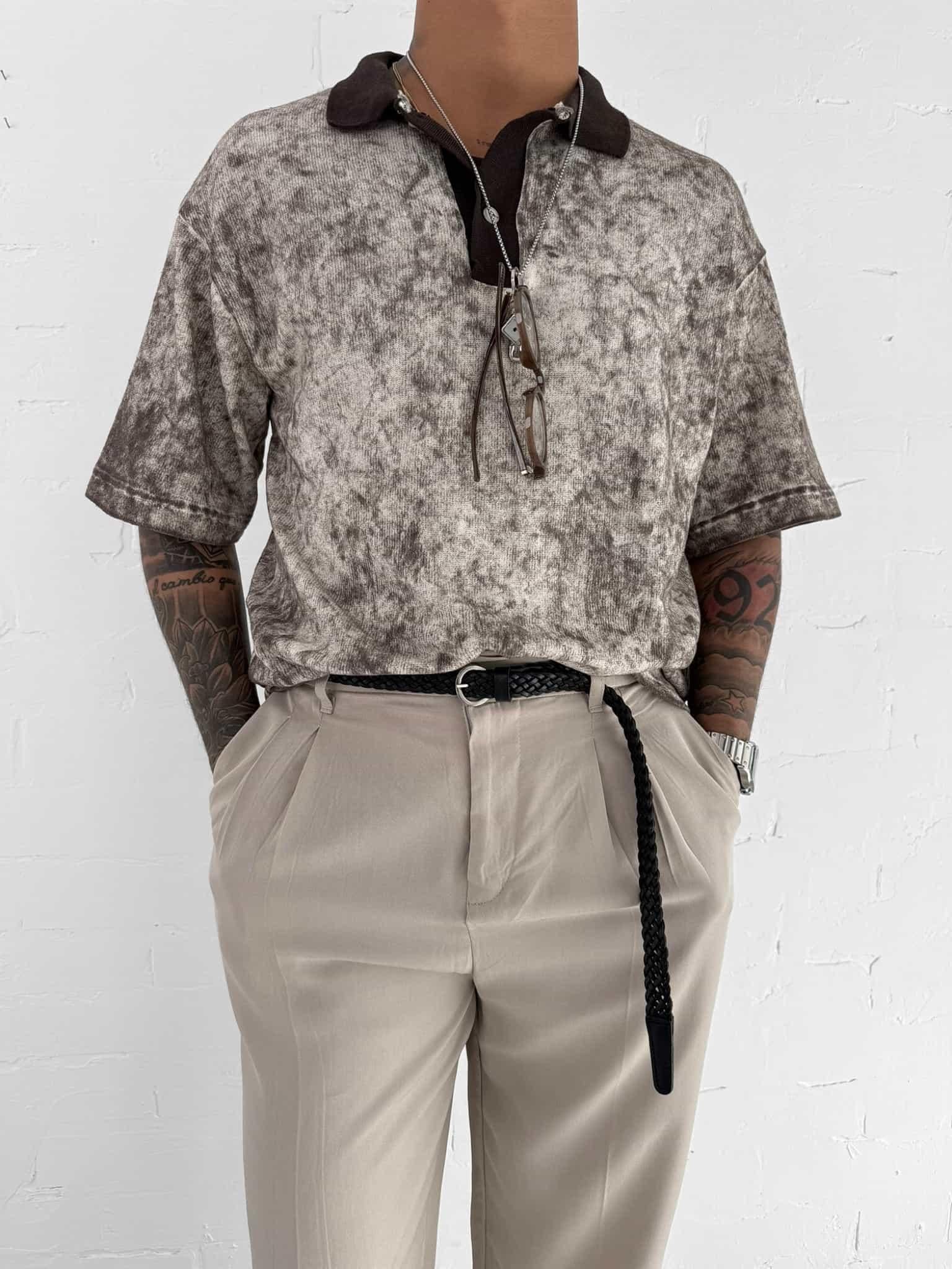 Erkek Düğmeli Polo Yaka Desenli Oversize Triko T-Shirt Kahverengi