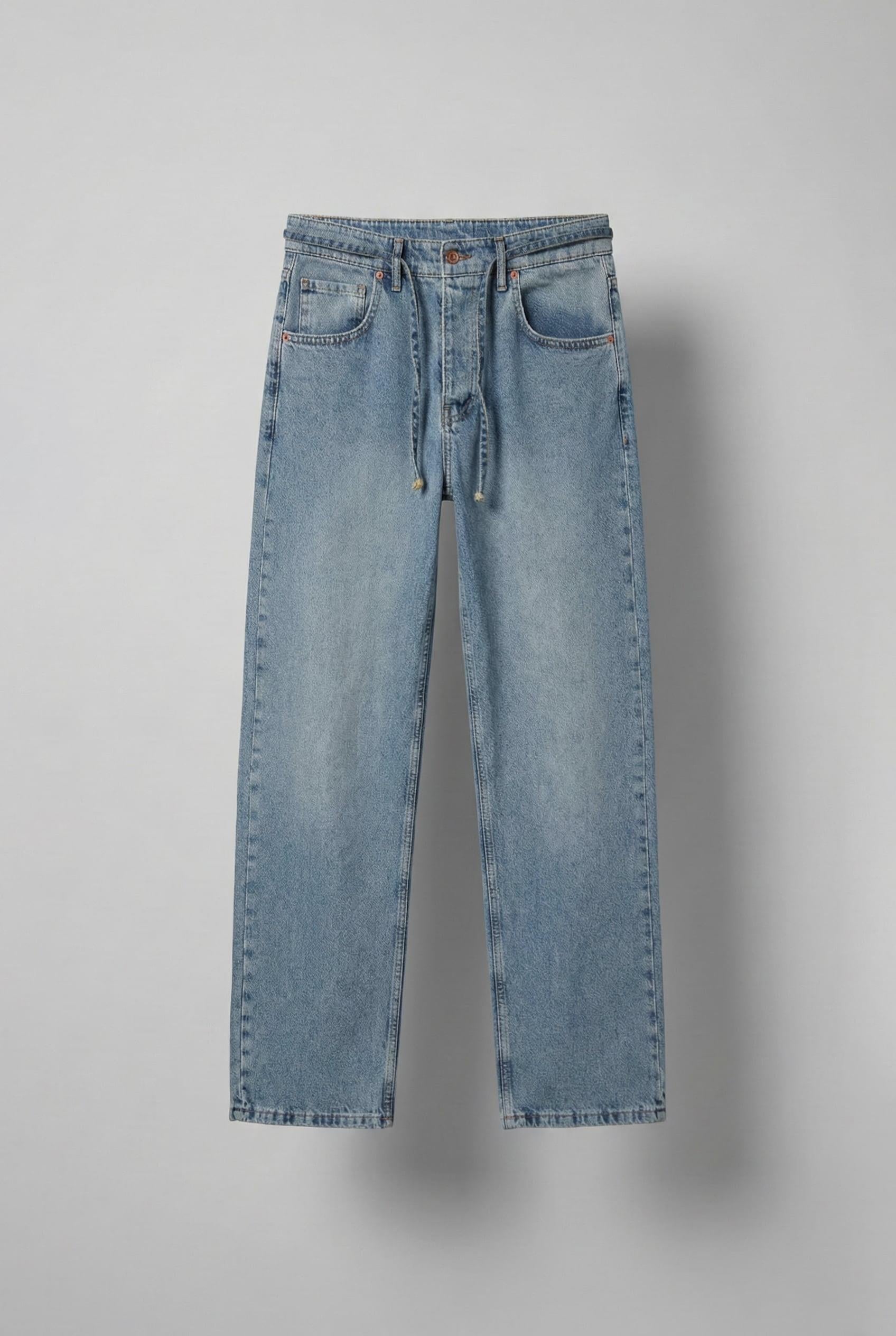 Erkek Baggy Fit Beli Bağcıklı Jean Pantolon Mavi