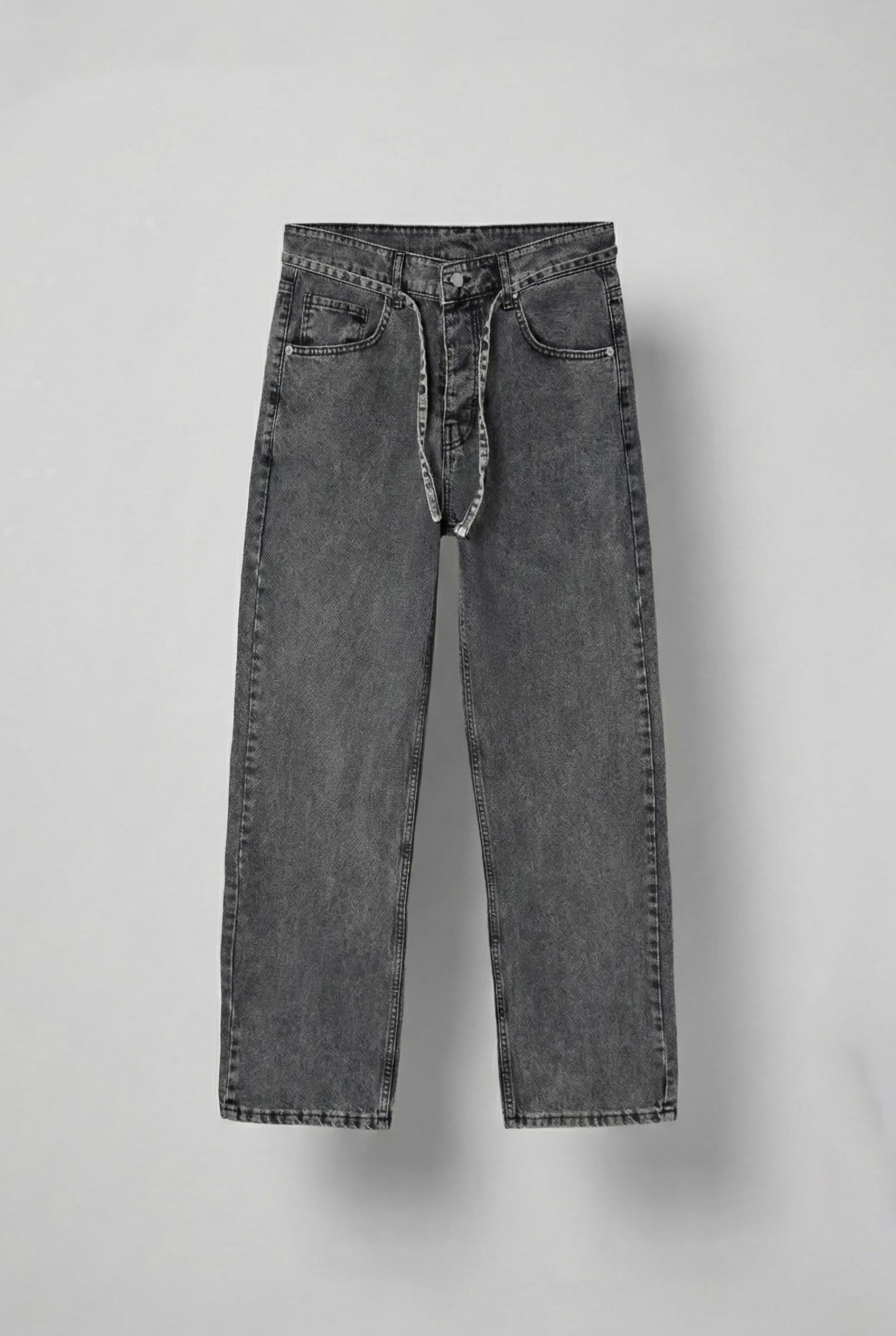 Erkek Baggy Fit Beli Bağcıklı Jean Pantolon Gri