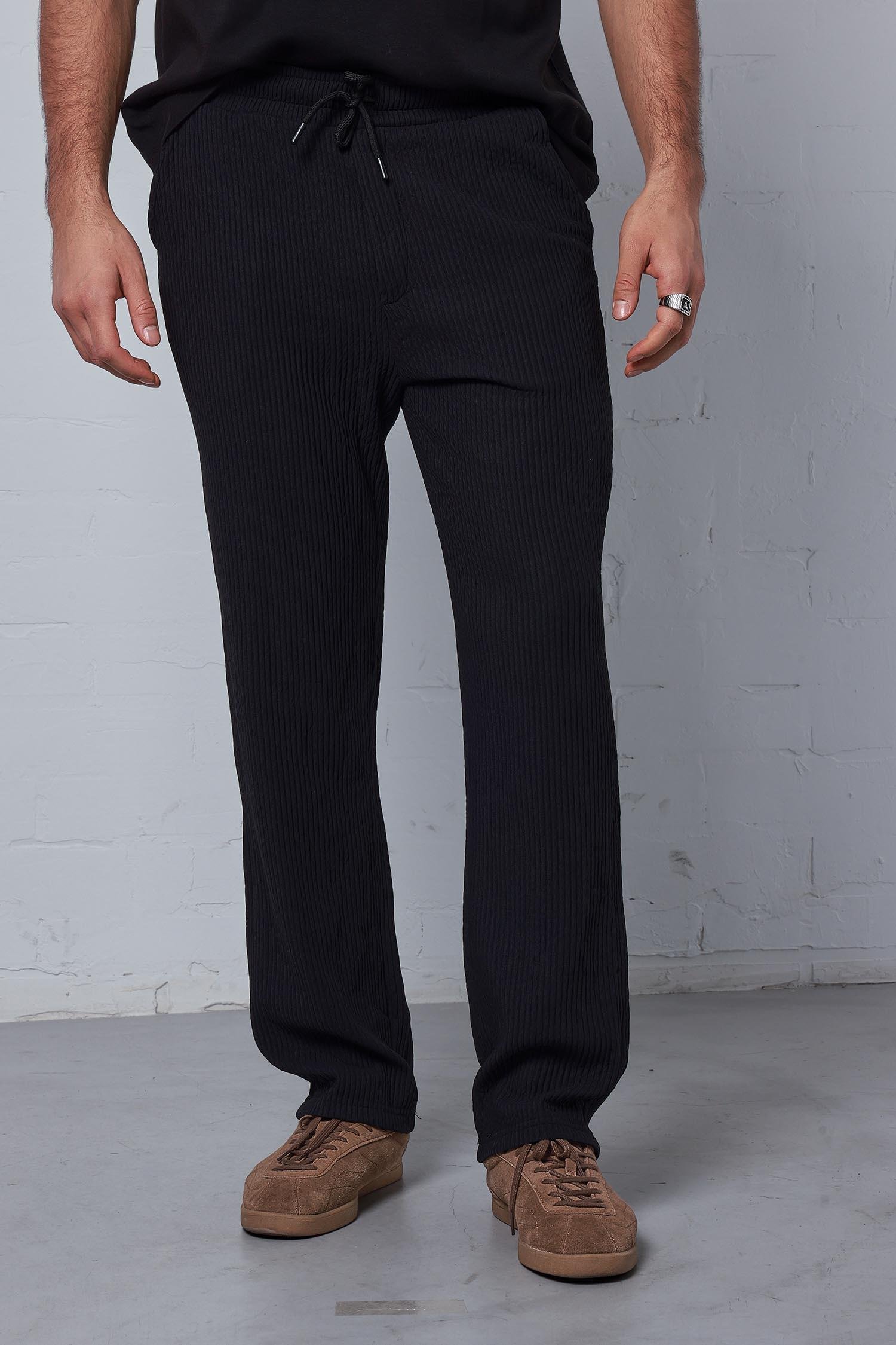Erkek Fitilli Baggy Fit Rahat Eşofman Siyah